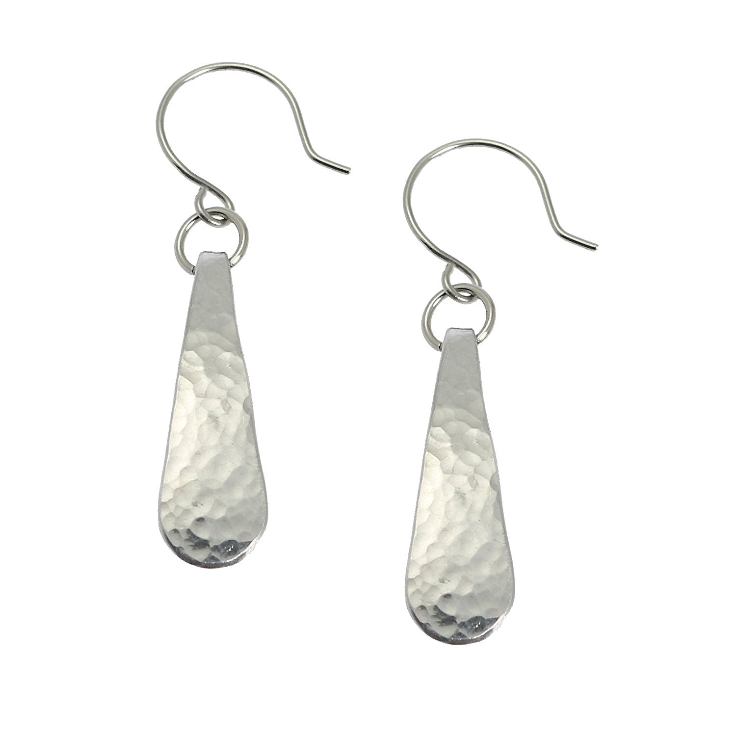 A Pair of Mini Hammered Aluminum Drop Earrings on a White Background