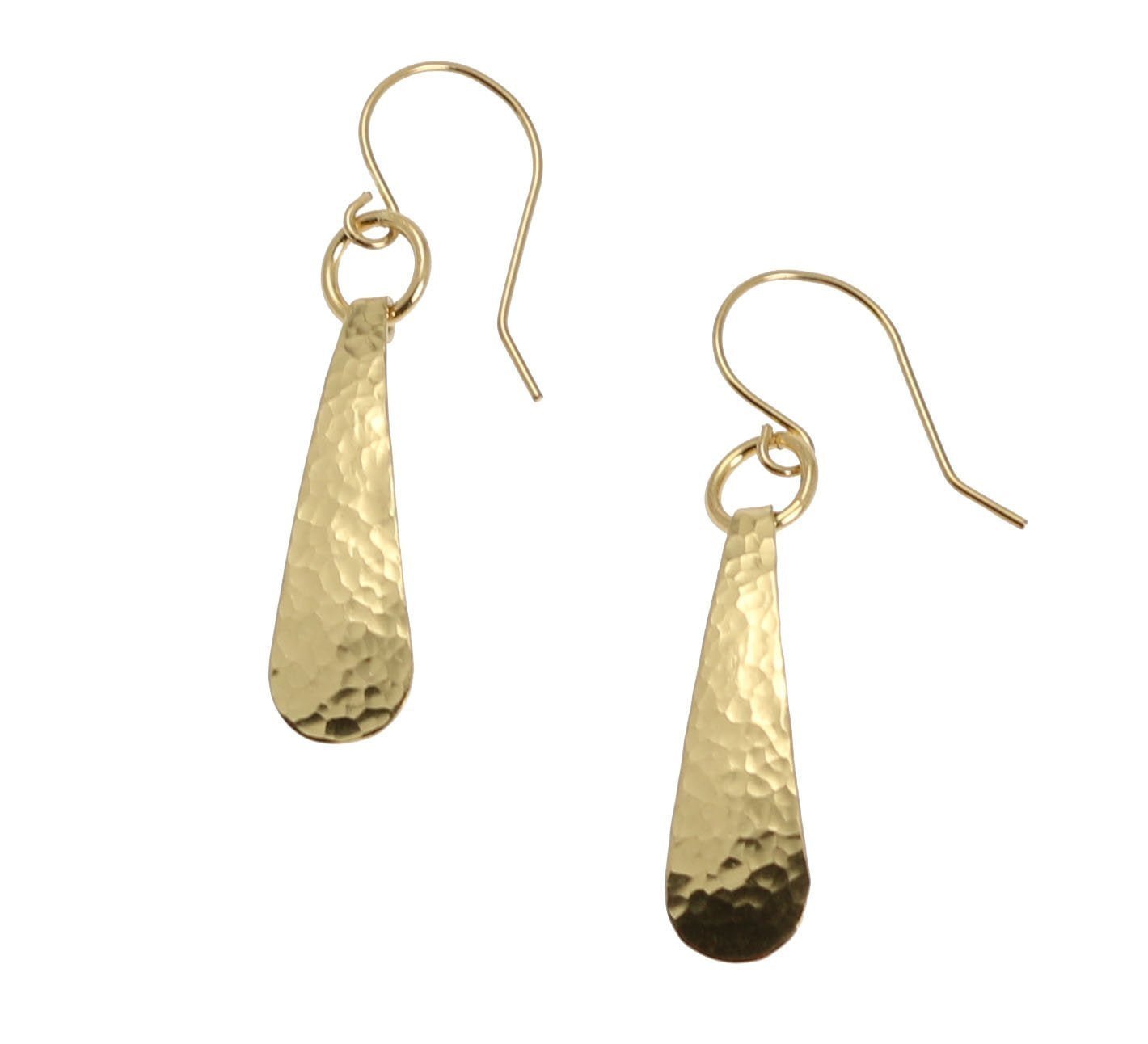 A Pair of Mini Hammered Teardrop Nu Gold Brass Earrings on a White Background