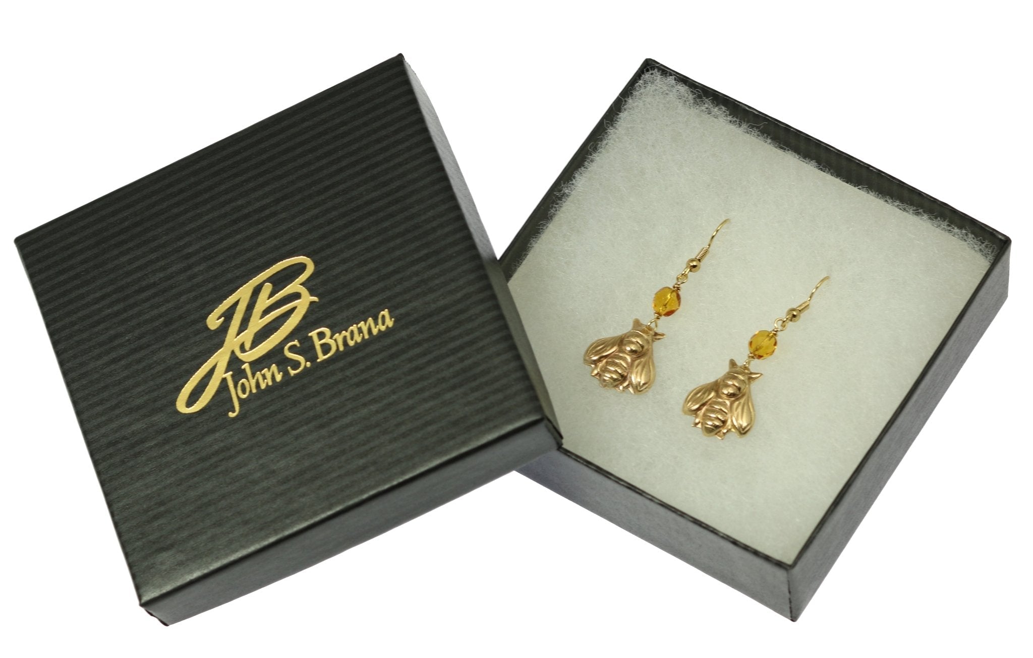 6 of 6: Nu Gold Honey Bee Earrings with Amber in Gift Box