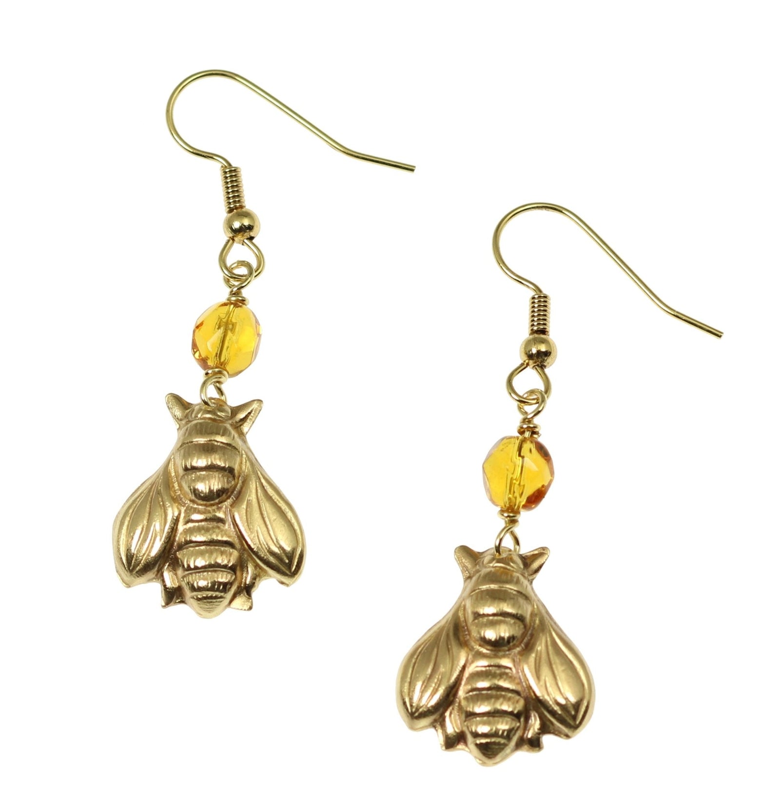 A Pair of Nu Gold Honey Bee Earrings with Amber on a White Background