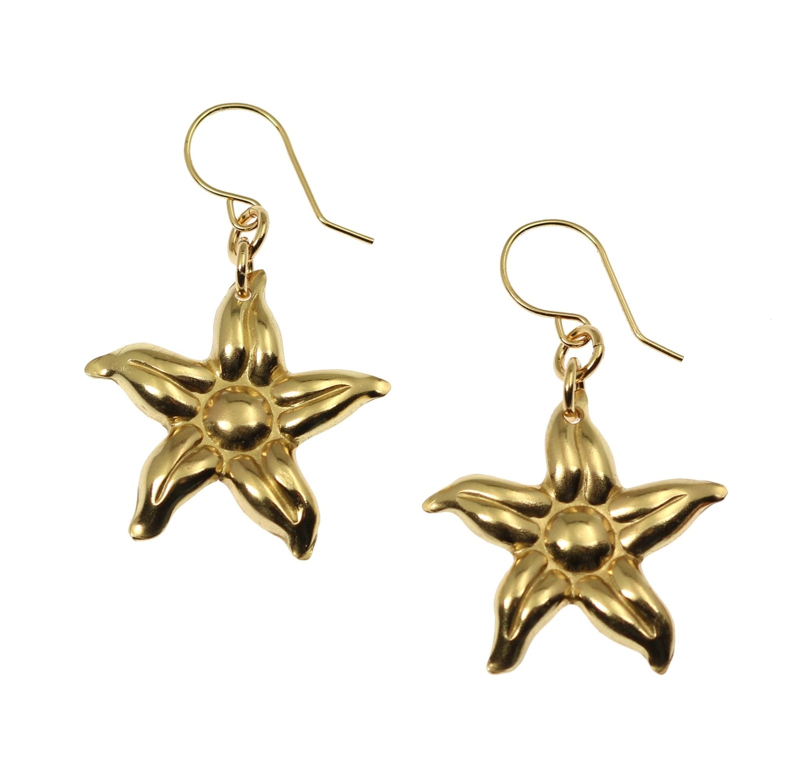 A Pair of Nu Gold Star Jasmine Flower Earrings on a White Background