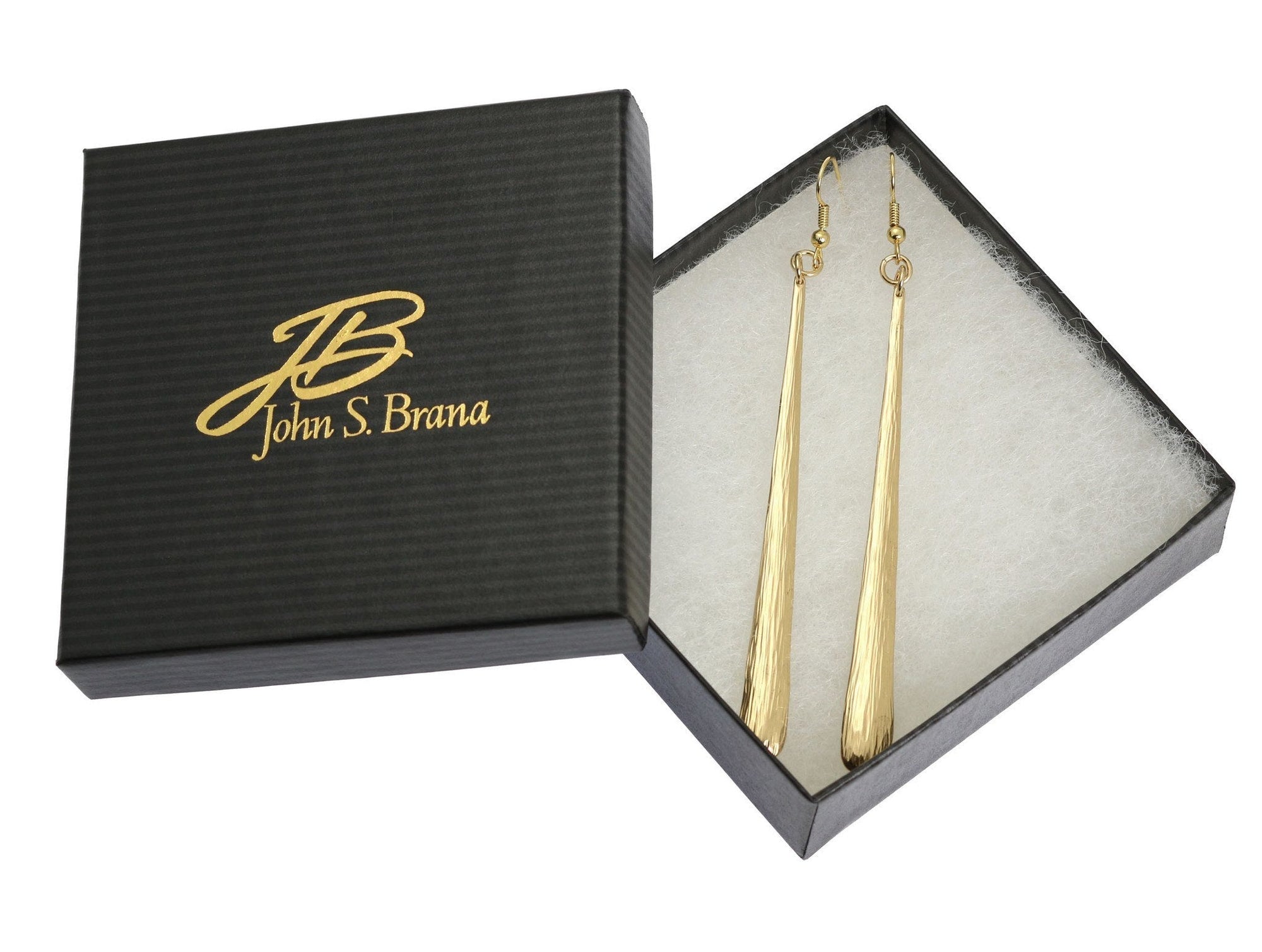 Nu Gold Stiletto Bark Earrings in Black Branded Gift Box