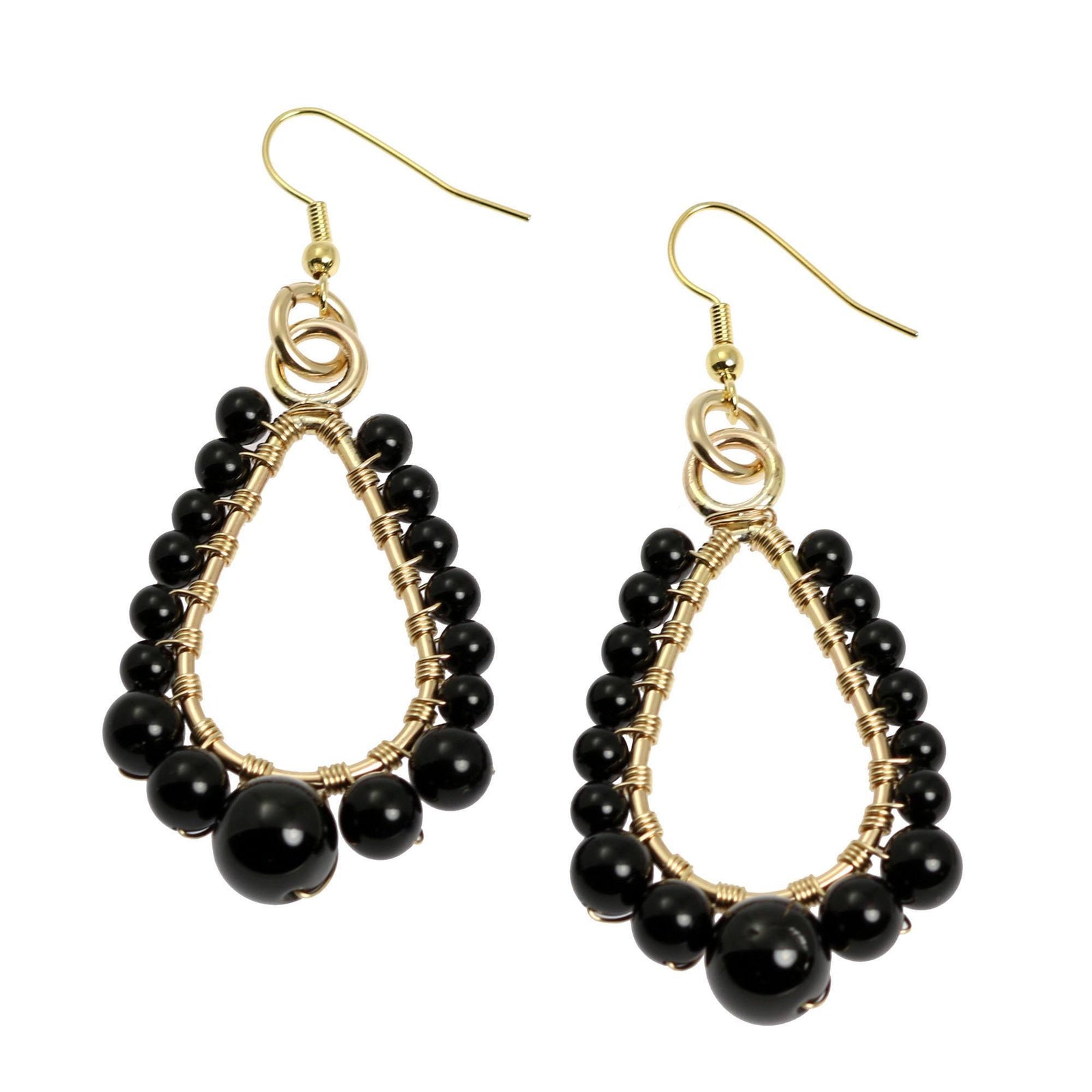 A Pair of Small Onyx Wire Wrapped 14K Gold-filled Earrings on a White Background