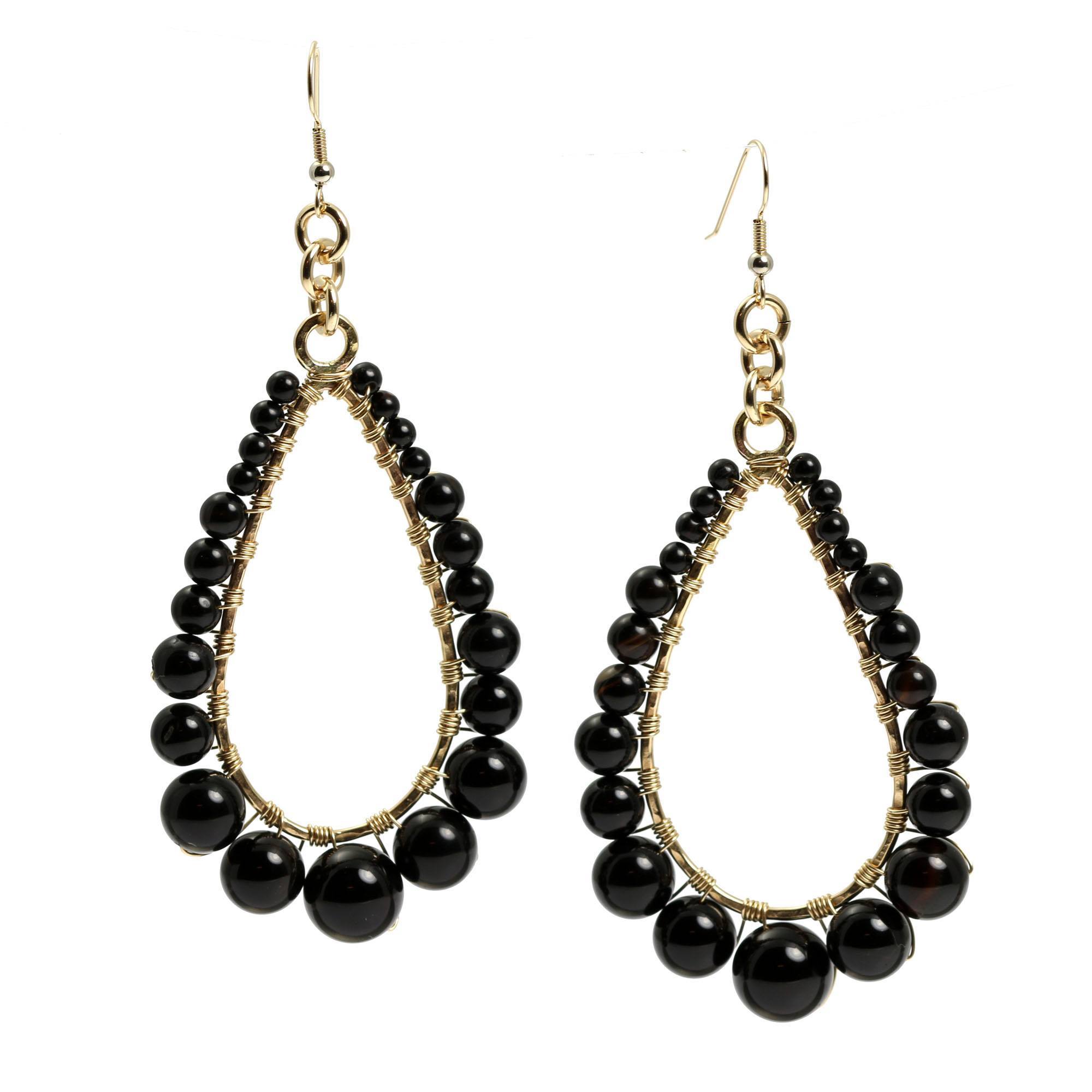Detail of Onyx Wire Wrapped 14K Gold-filled Drop Earrings