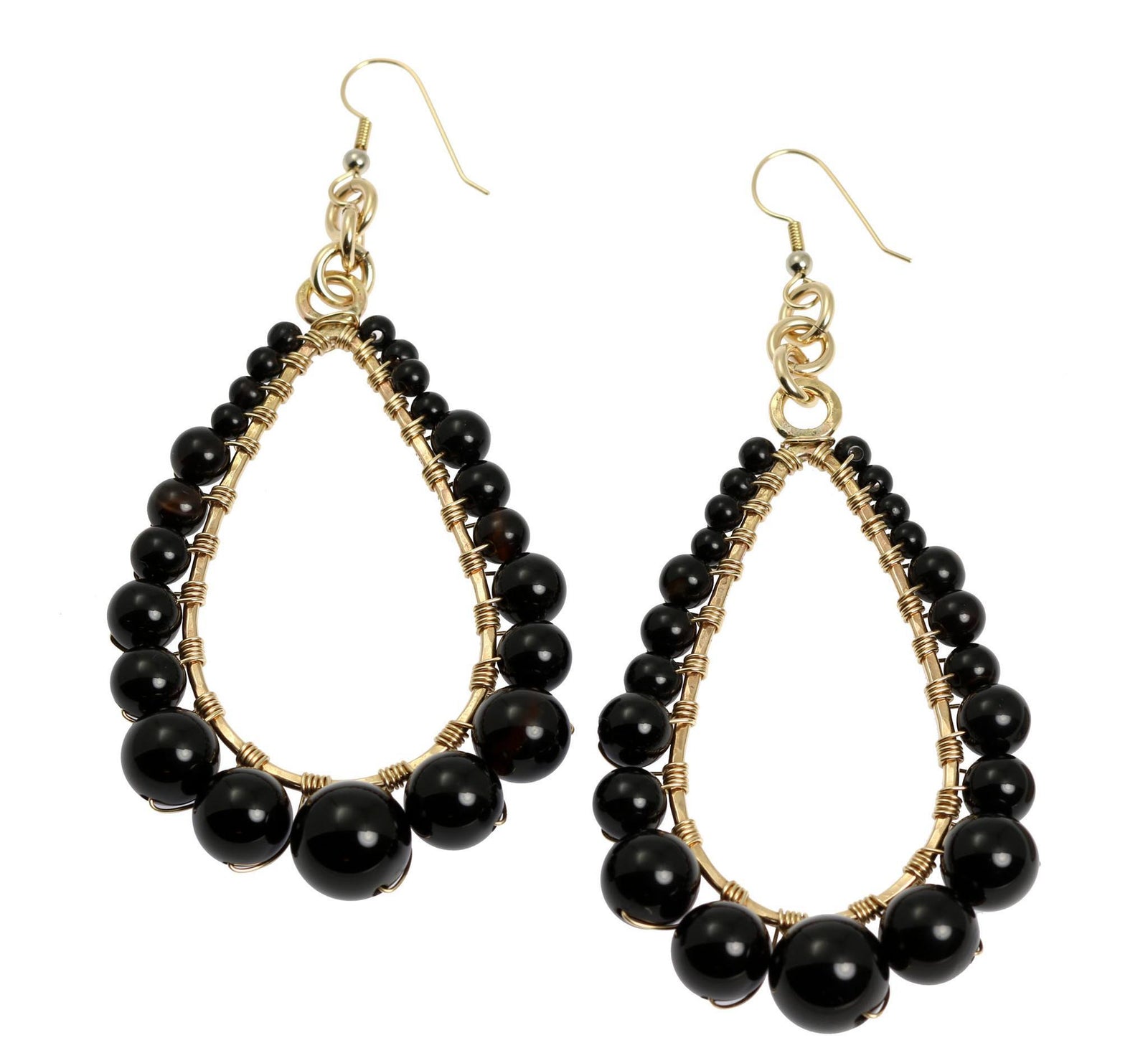 A Pair of Onyx Wire Wrapped 14K Gold-filled Teardrop Earrings on a White Background