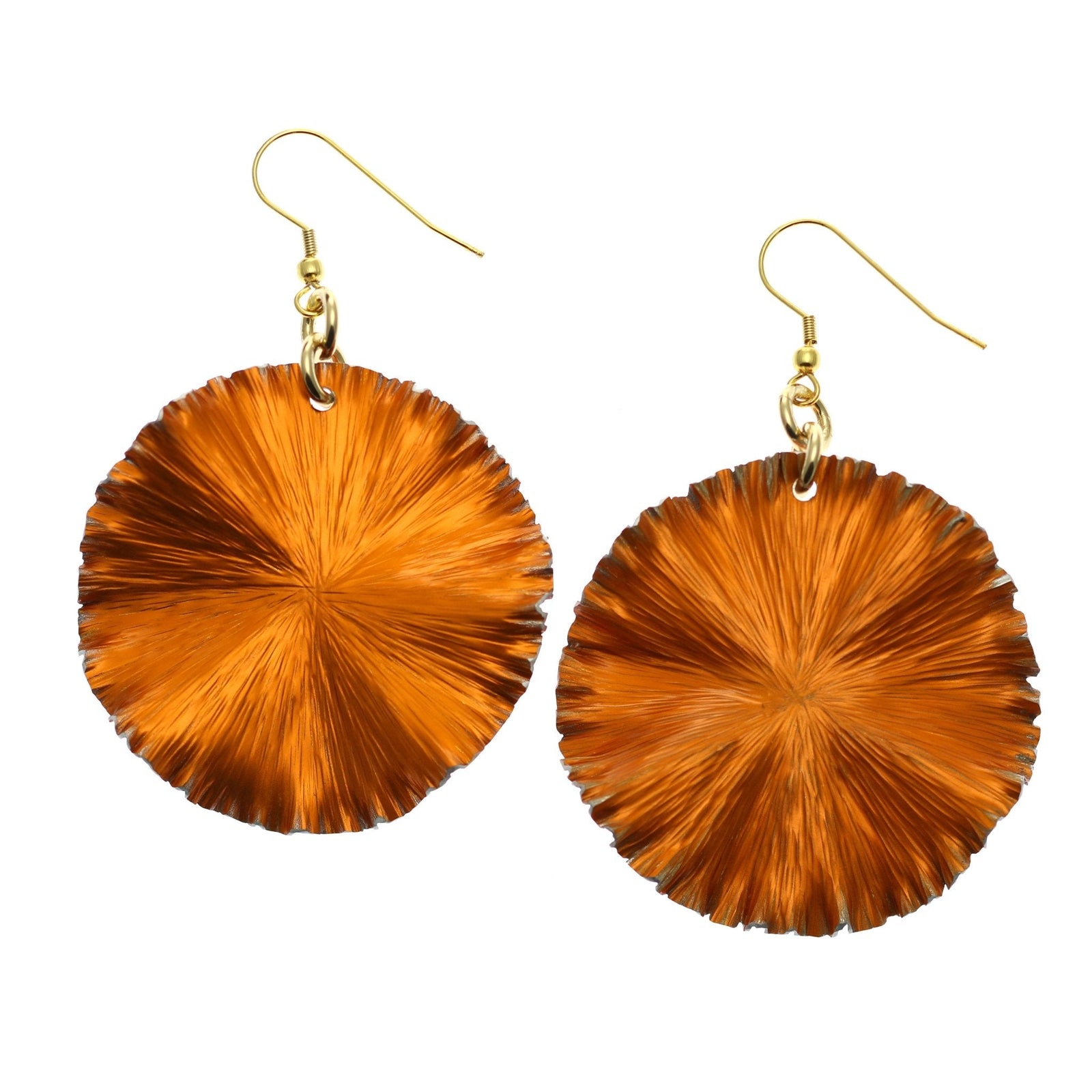 A Pair of Orange Anodized Aluminum Lily Pad Earrings on a White Background