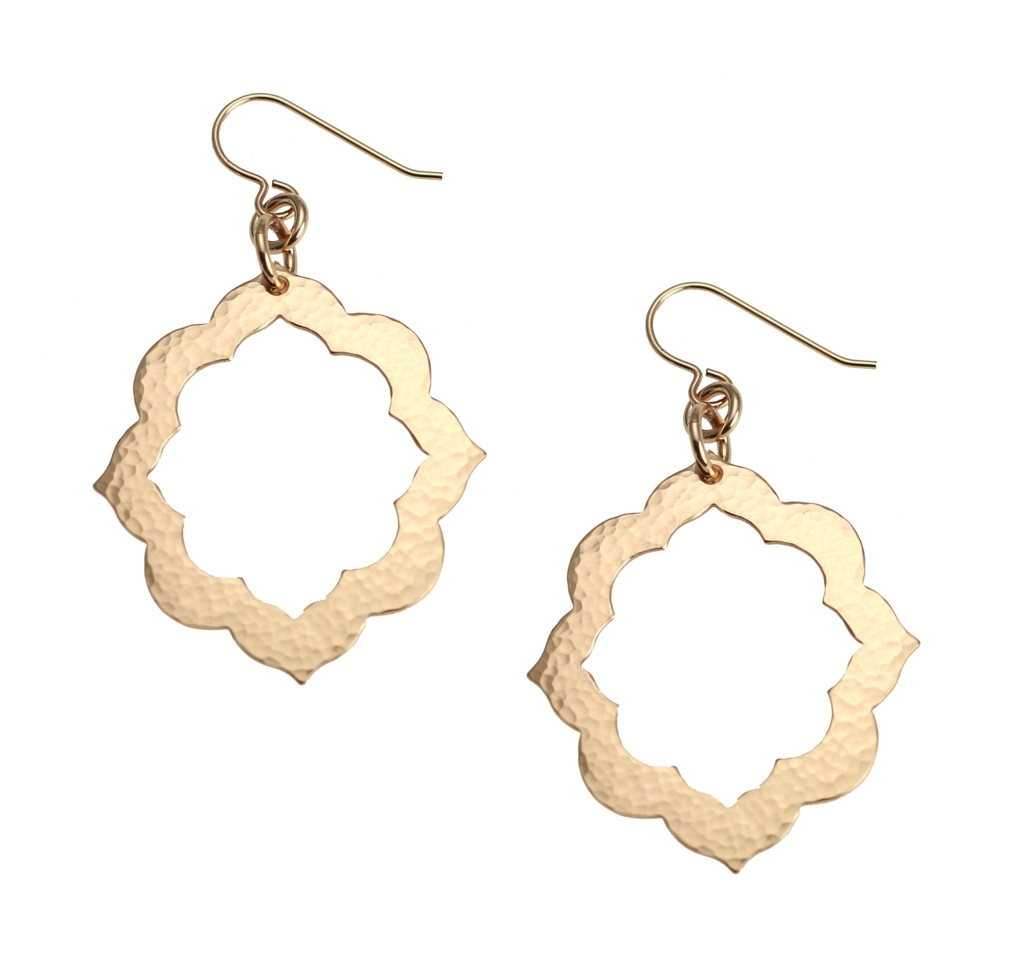 1 of 6: A Pair of Pierced Hammered Bronze Arabesque Flower Earrings on a White Background