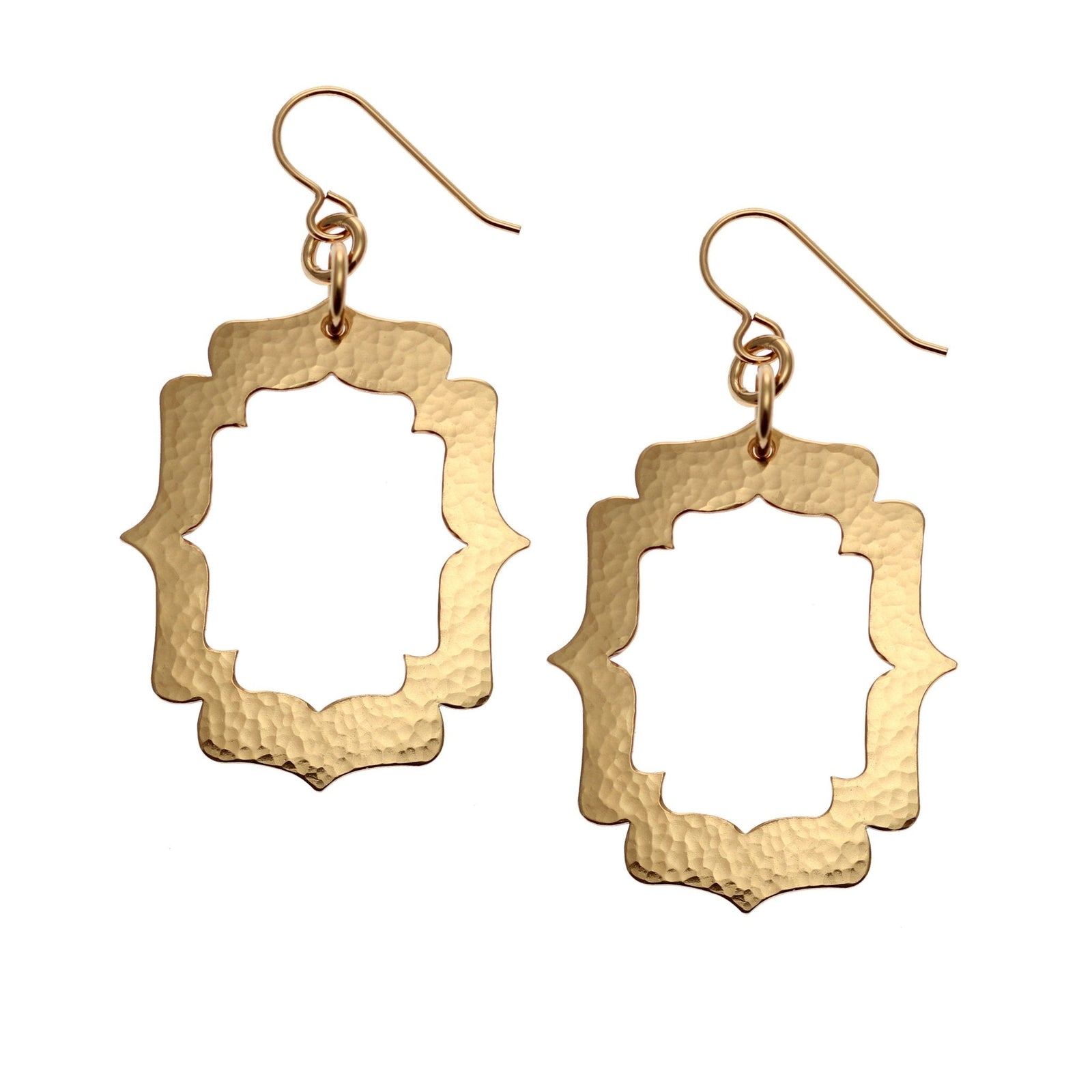 A Pair of Pierced Hammered Bronze Arabesque Shield Earrings on a White Background