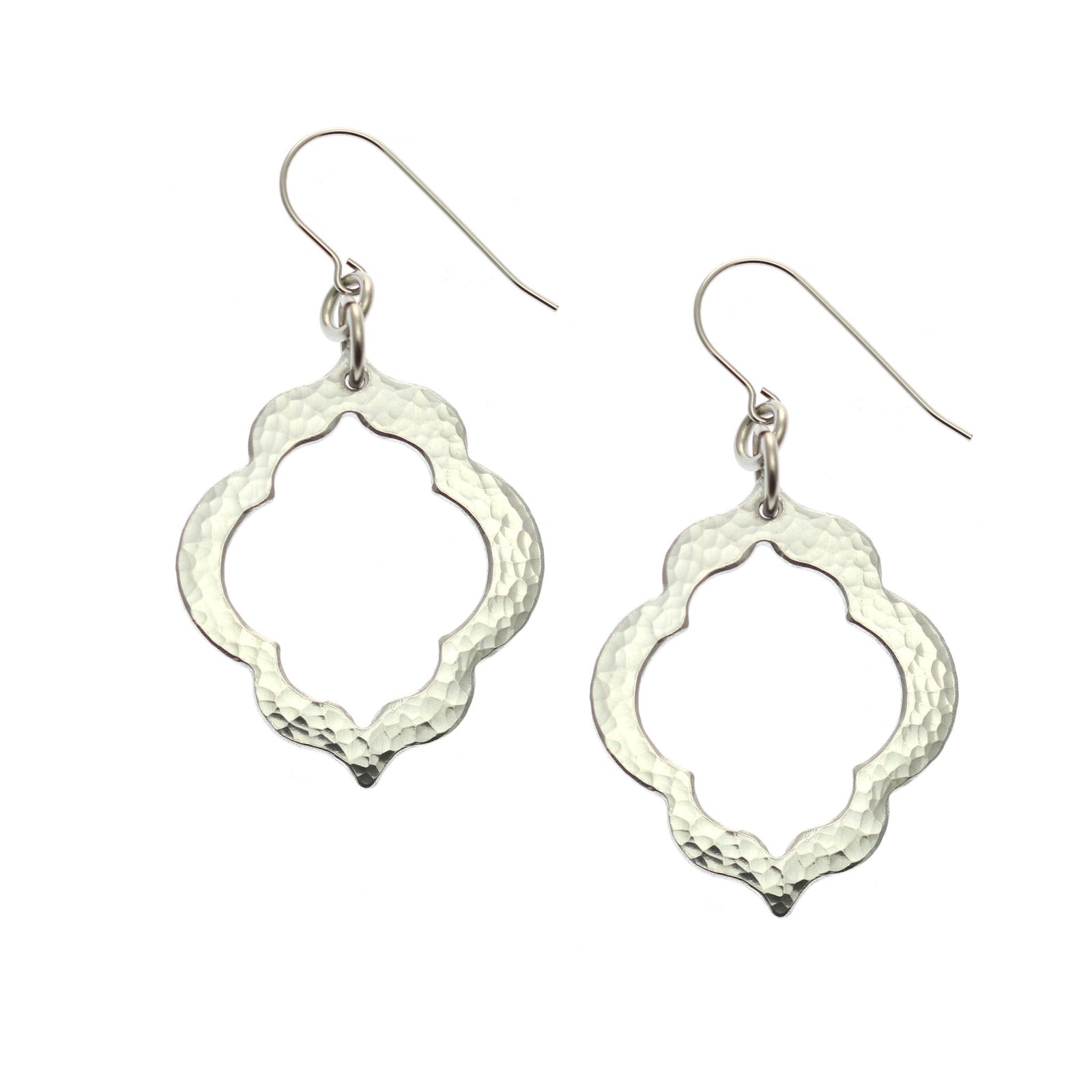 A Pair of Pierced Hammered Quatrefoil Aluminum Earrings on a White Background