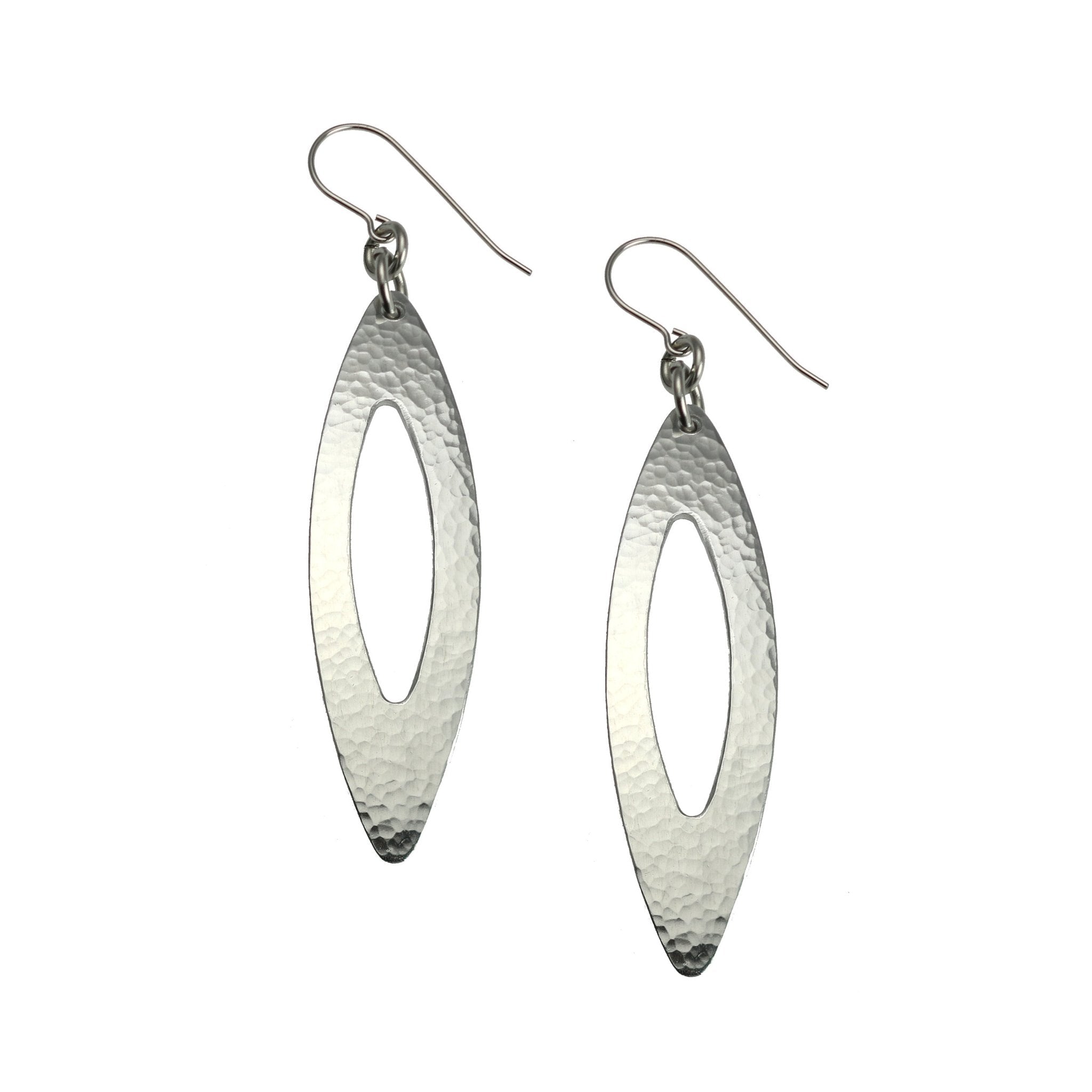 1 of 7: A Pair of Pierced Large Oval Hammered Aluminum Drop Earrings on a White Background