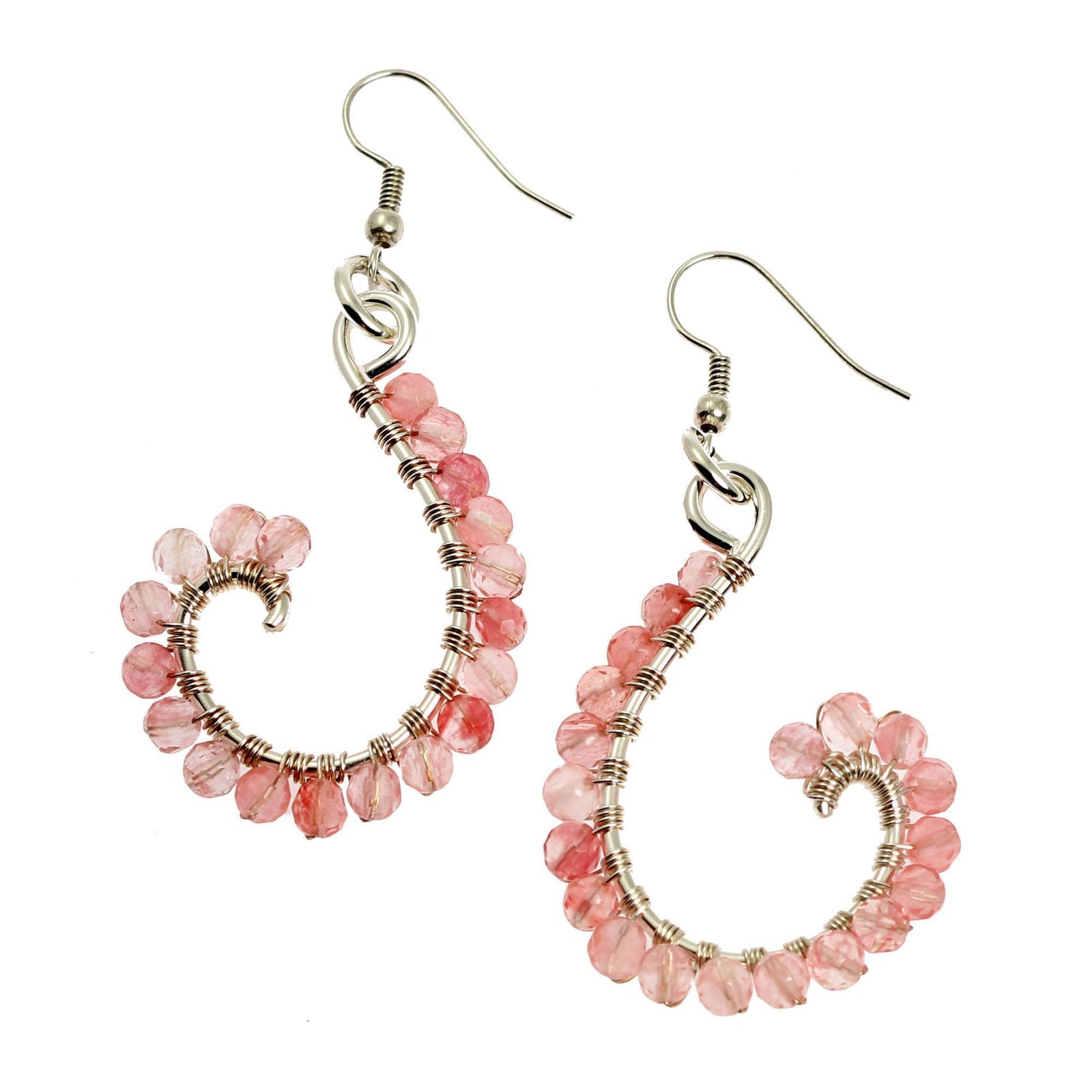 A Pair of Rose Quartz Wire Wrapped Silver Earrings on a White Background