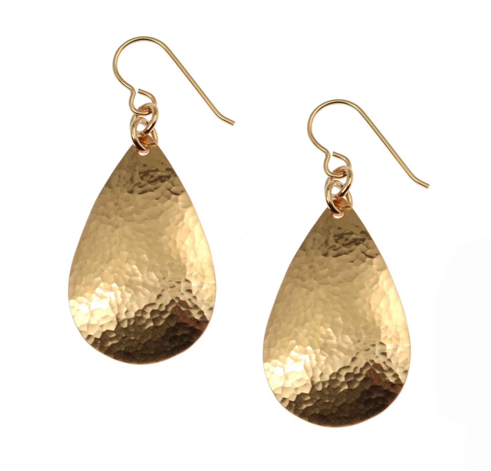 A Pair of Small Hammered Bronze Teardrop Earrings on a White Background