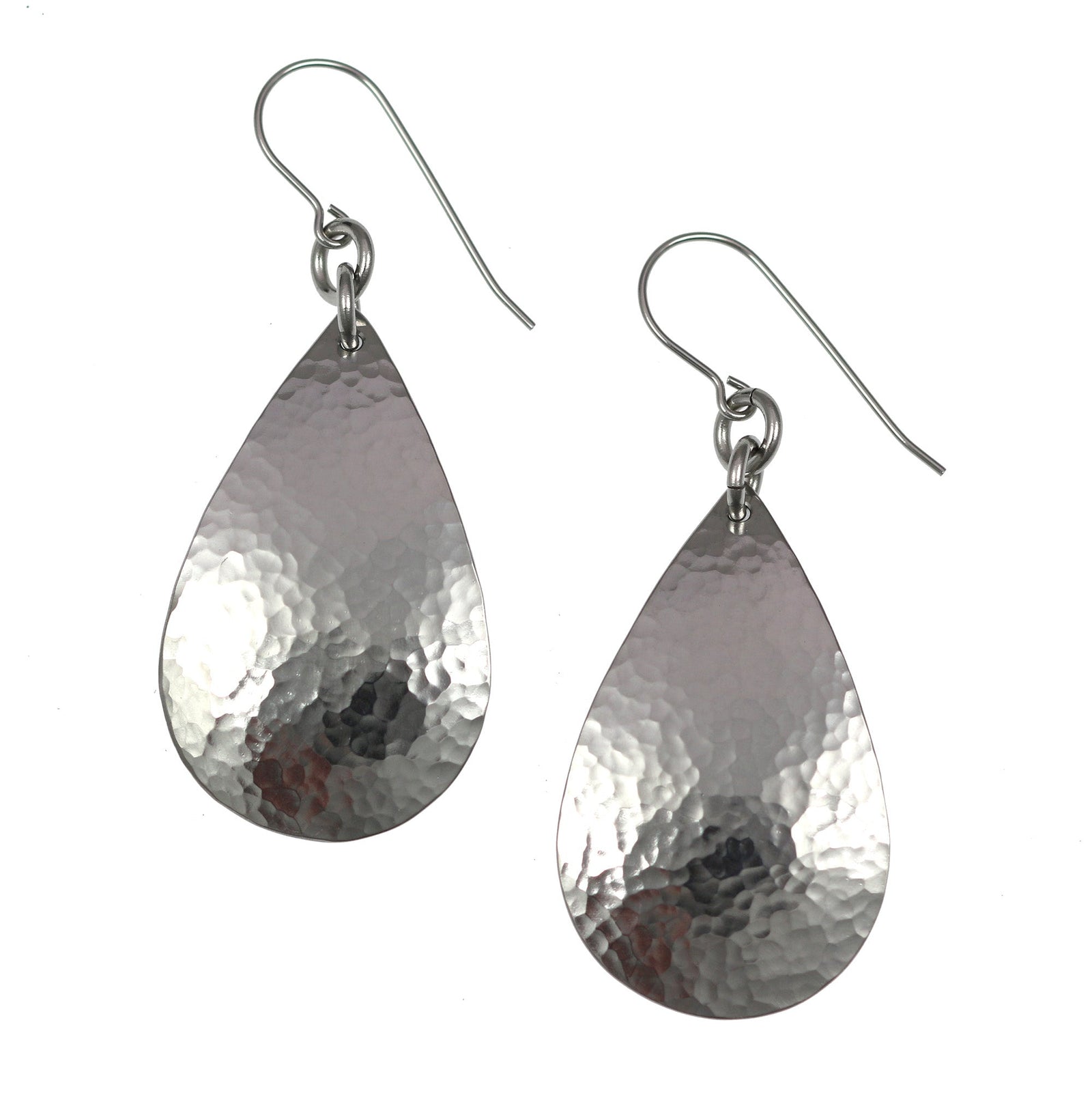 A Pair of Small Hammered Stainless Steel Teardrop Earrings on a White Background