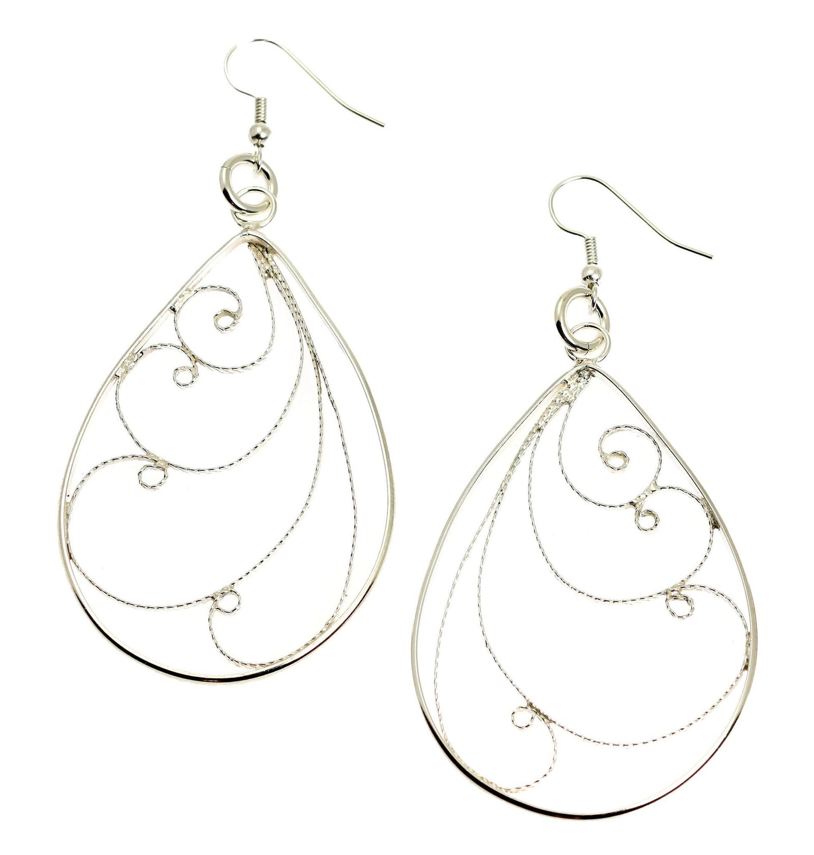 A Pair of Sterling Silver Filigree Scroll Earrings on a White Background