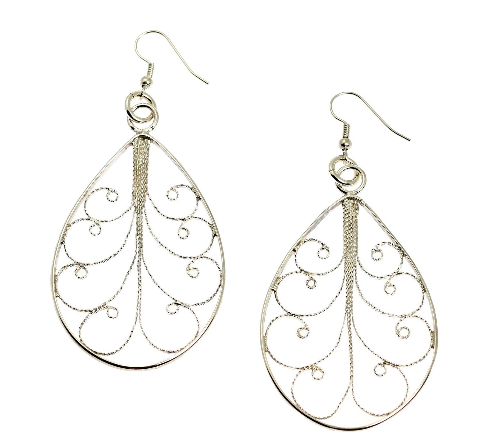 A Pair of Sterling Silver Filigree Teardrop Scroll Earrings on a White Background