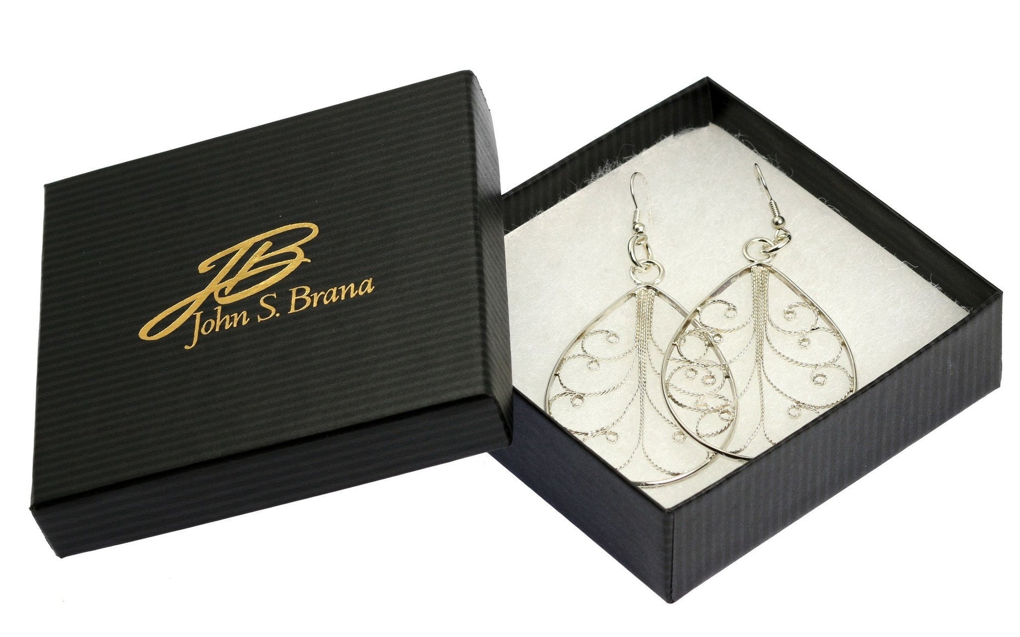 Gift Boxed Silver Filigree Tear Drop Scroll Earrings