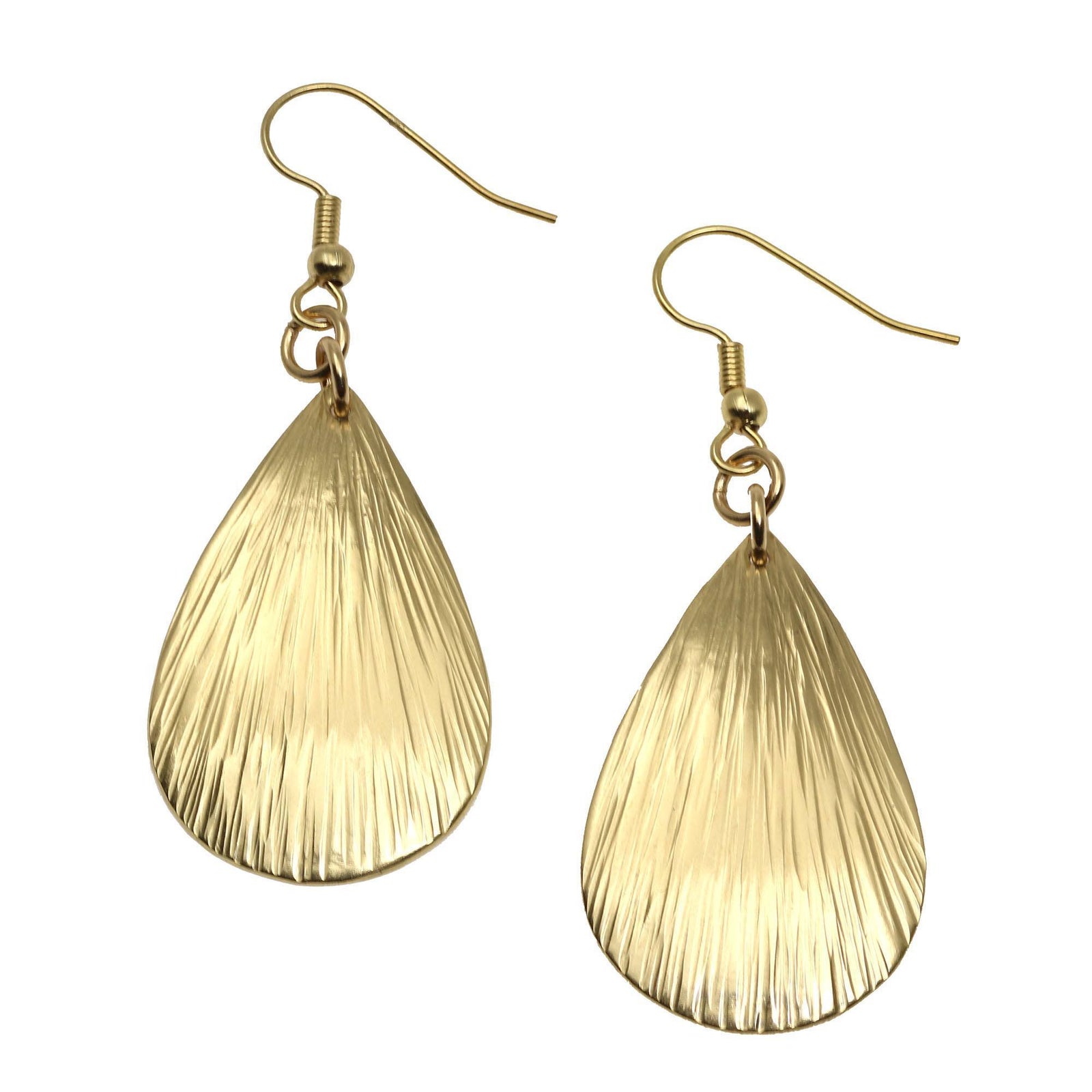 A Pair of Small Teardrop Nu Gold Brass Bark Earrings on a White Background
