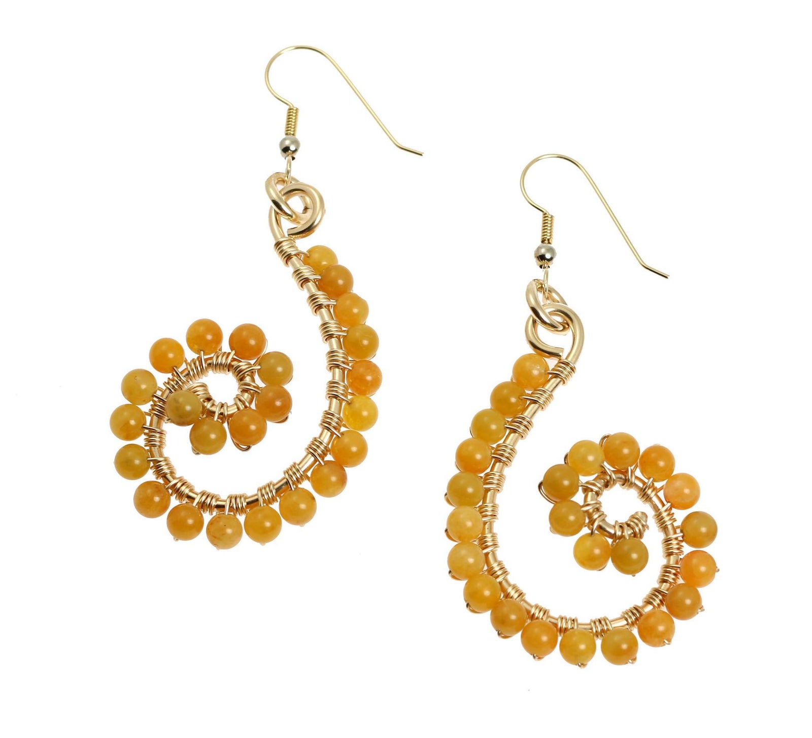 A Pair of Yellow Jade Wire Wrapped 14K Gold-filled Earrings on a White Background