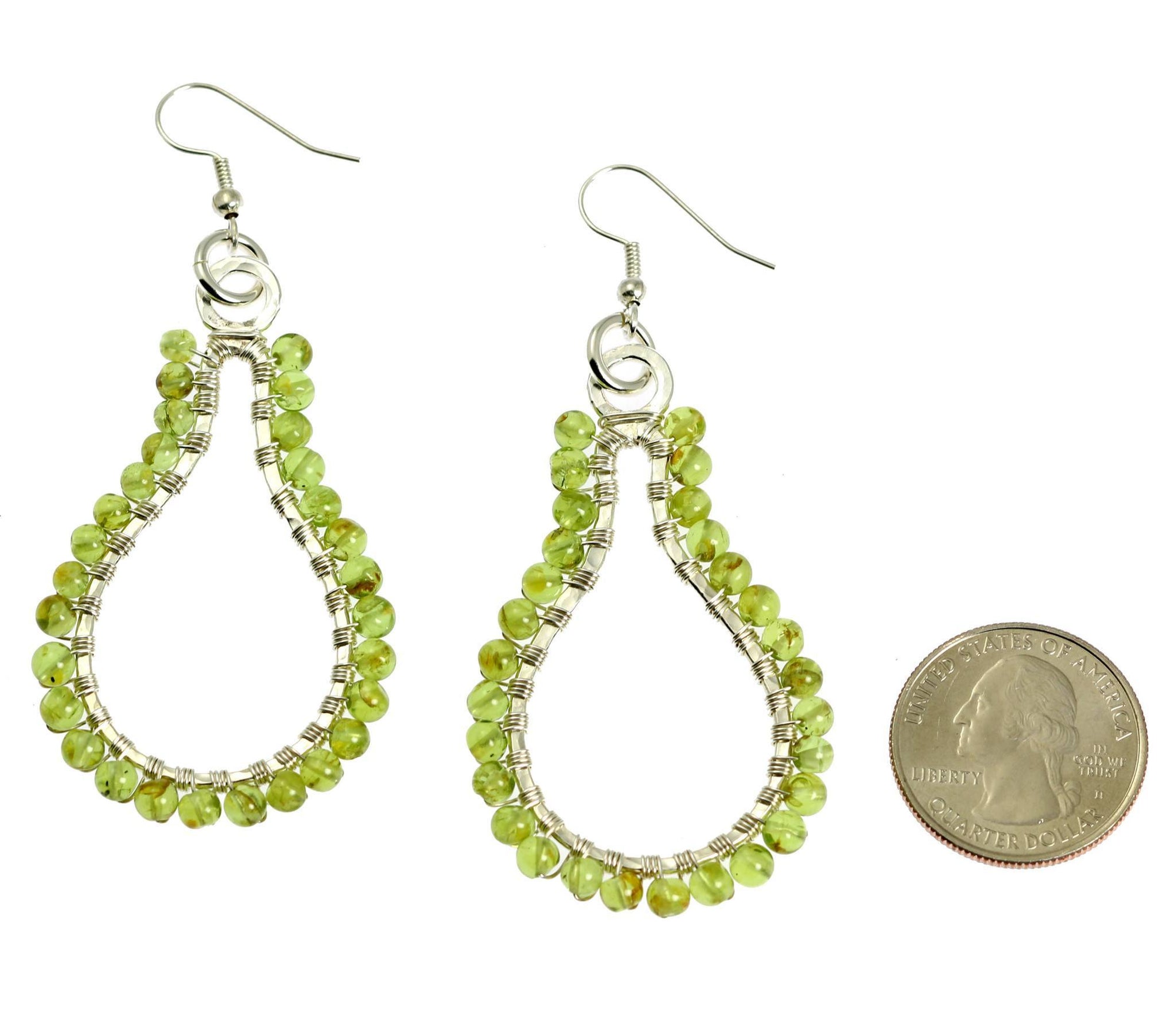 Size of Hammered Silver Drop Earrings with Peridot