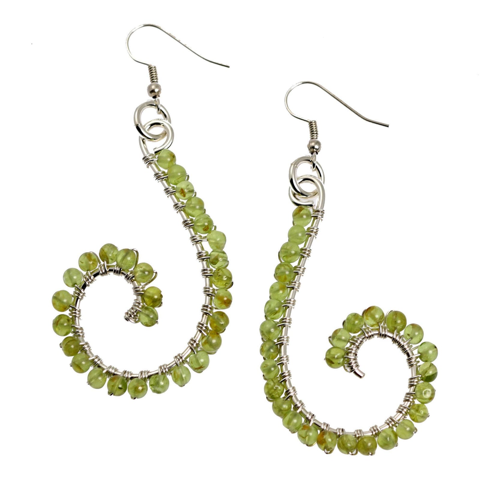 A Pair of Peridot Wire Wrapped Silver Scroll Earrings on a White Background