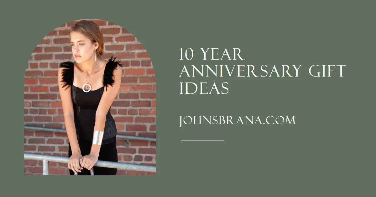 Stylish Women Wearing Aluminum Cuff Bracelet,  with text " 10-Year Anniversary Gift Ideas"