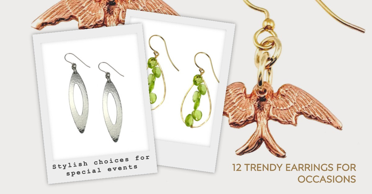 Three Earrings Designs in Copper, Gold, and Aluminum, with text "12 Trendy Earrings for Occasions"