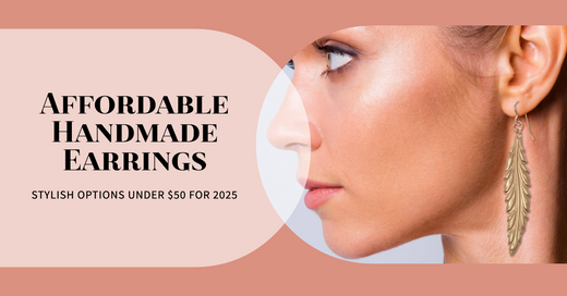 Woman Wearing Long Bronze Earrings, with text "Affordable Handmade Earrings Under $50 for 2025"