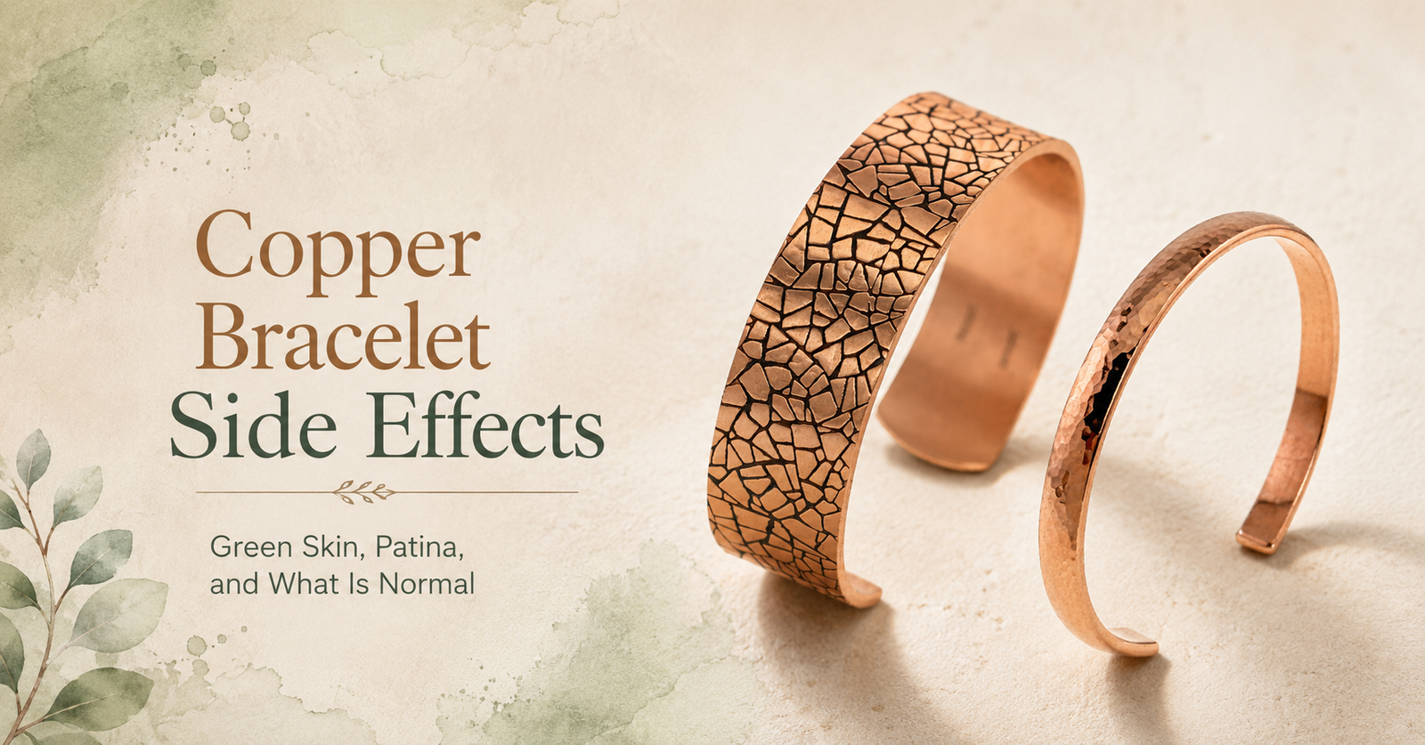 Banner for article on copper bracelet side effects showing a wide mosaic-pattern copper cuff and a slim hammered copper cuff on a warm neutral background, with green botanical accents and the headline Copper Bracelet Side Effects.
