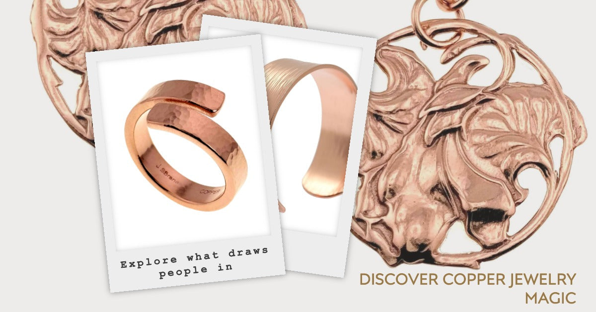 A collage banner showing close-up Art Nouveau copper lily earrings, a hammered copper ring, and a brushed copper cuff, with text " Discover Copper Jewelry Magic"