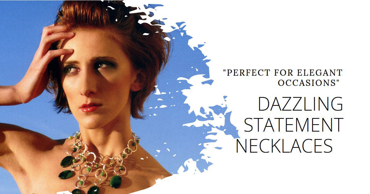 Female Model Wearing Hammered Silver Link Necklace Chrysoprase, with text " Dazzling Statement Necklaces - Perfect for Elegant Occasions"