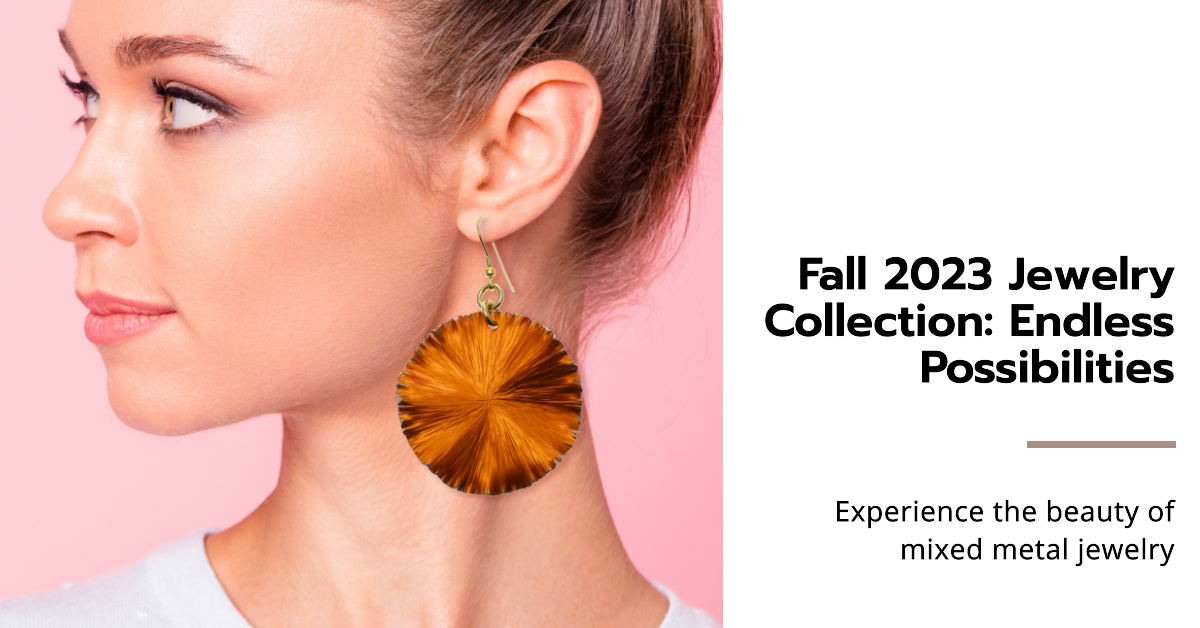 Side profile of a woman wearing orange earrings, with text "Fall 2023 Jewelry Collection: Endless Possibilities"