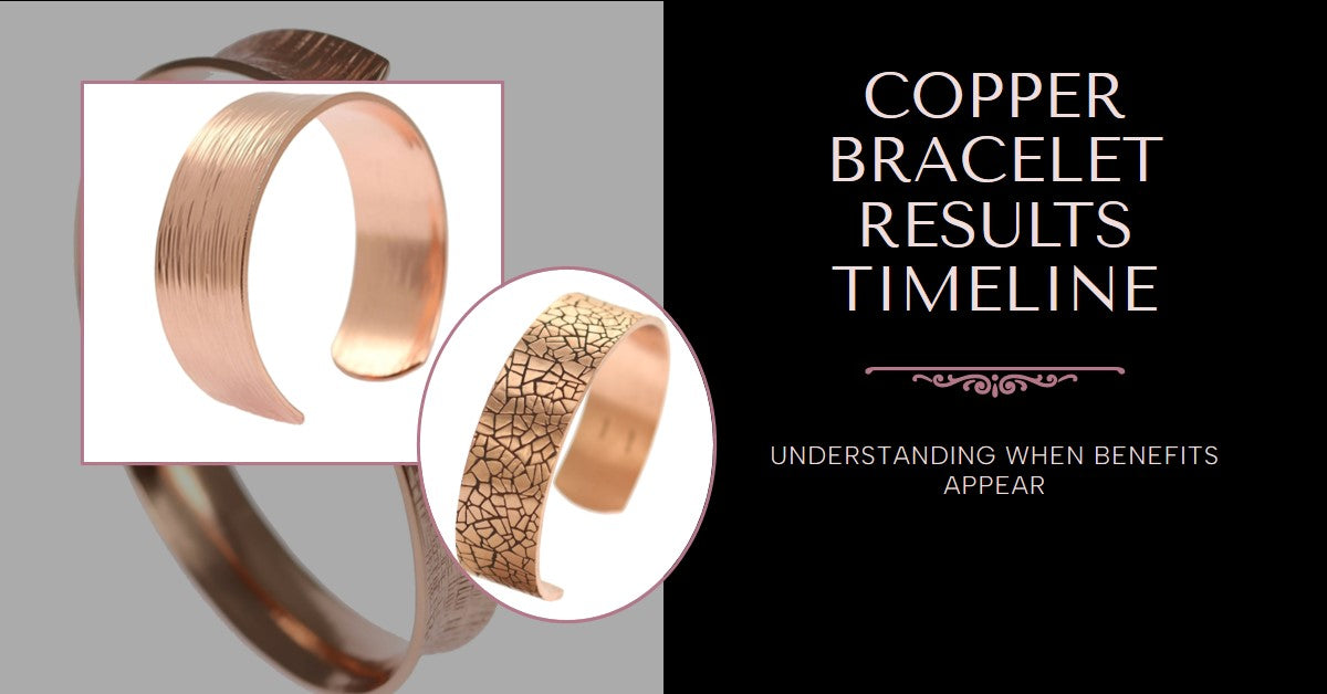 Graphic showing three solid copper cuff bracelets, with text on the right “Copper Bracelet Results Timeline” with the subtitle “Understanding When Benefits Appear.” 