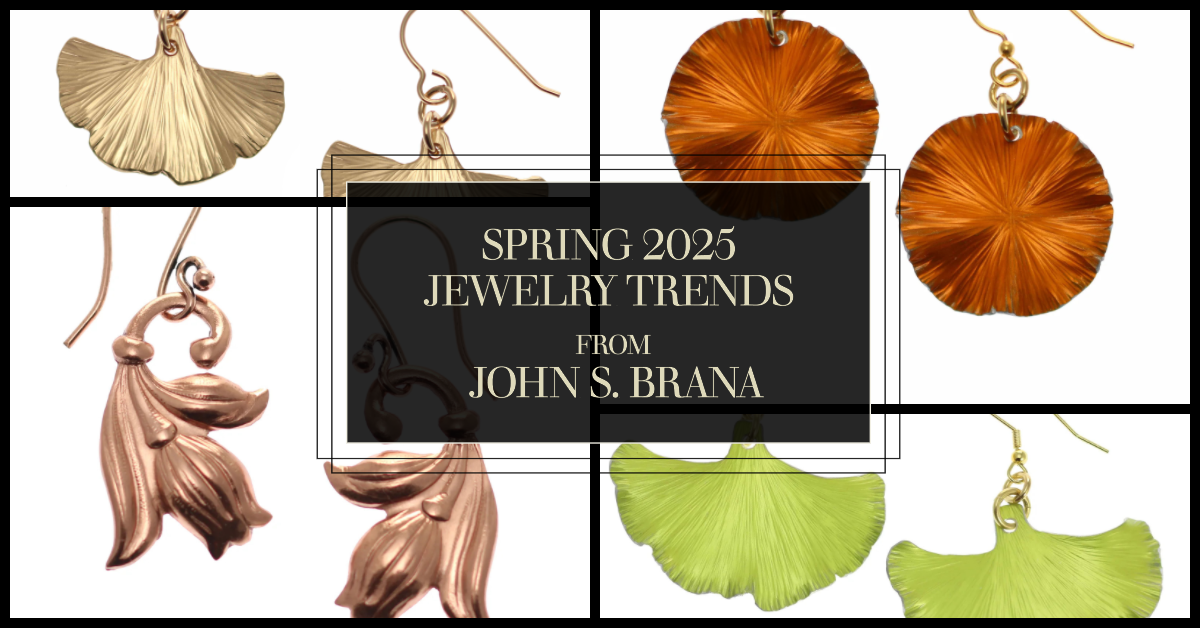 Four Earrings in Various Colors and Metals, with text " Spring 2025 Jewelry Trends from John S. Brana"