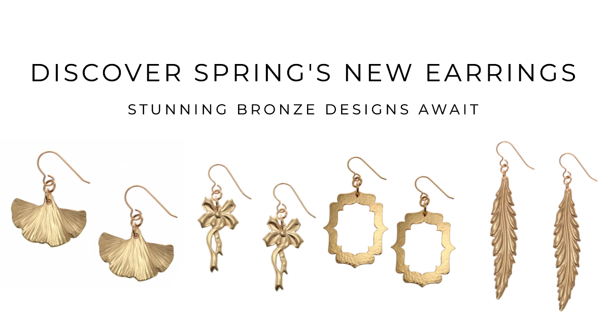 Four Bronze Earring Designs, with text "Discover Spring's New Earrings - Stunning Bronze Designs Await""
