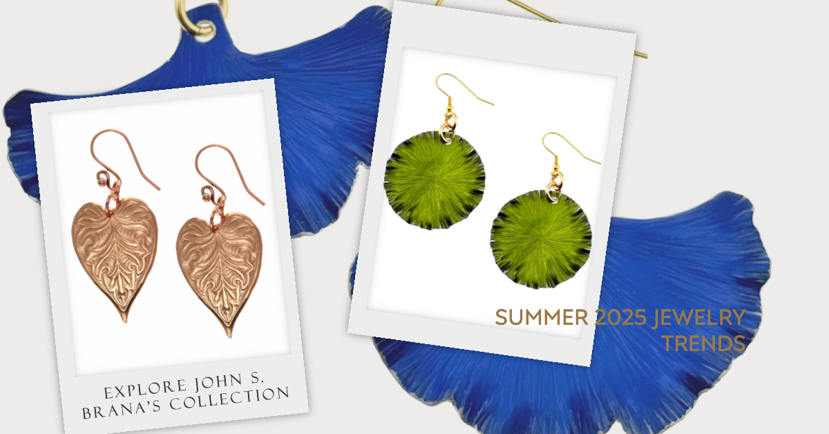 Three Earring Designs From John S. Brana, with text "Summer 2025 Jewelry Trends"