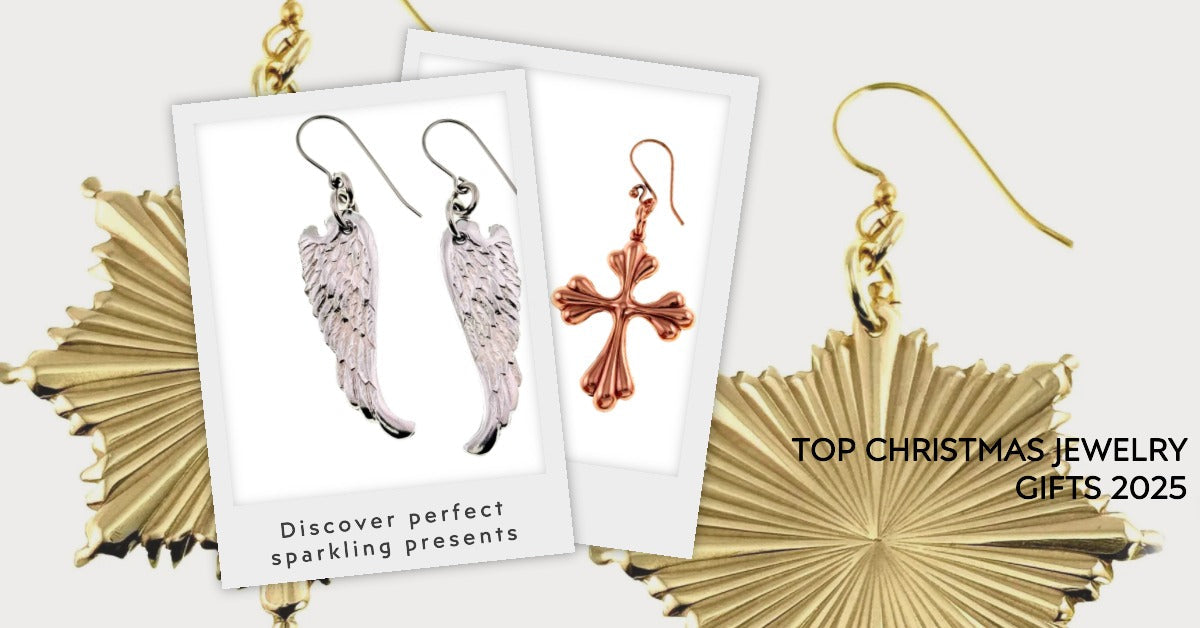 Three Copper, Gold, and Silver Earring Designs, with text "Top Christmas Jewelry Gifts 2025