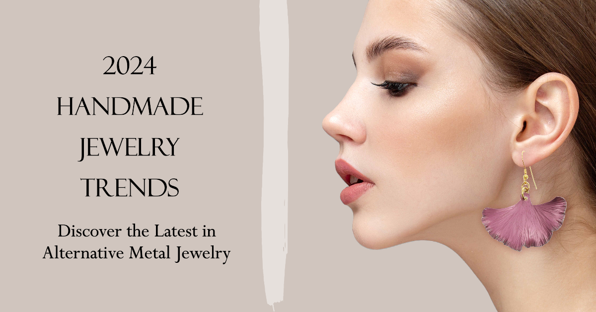 Elegant Woman Wearing Mauve Purple Gingko Leaf Earrings, with text " 2024 Handmade Jewelry Trends"