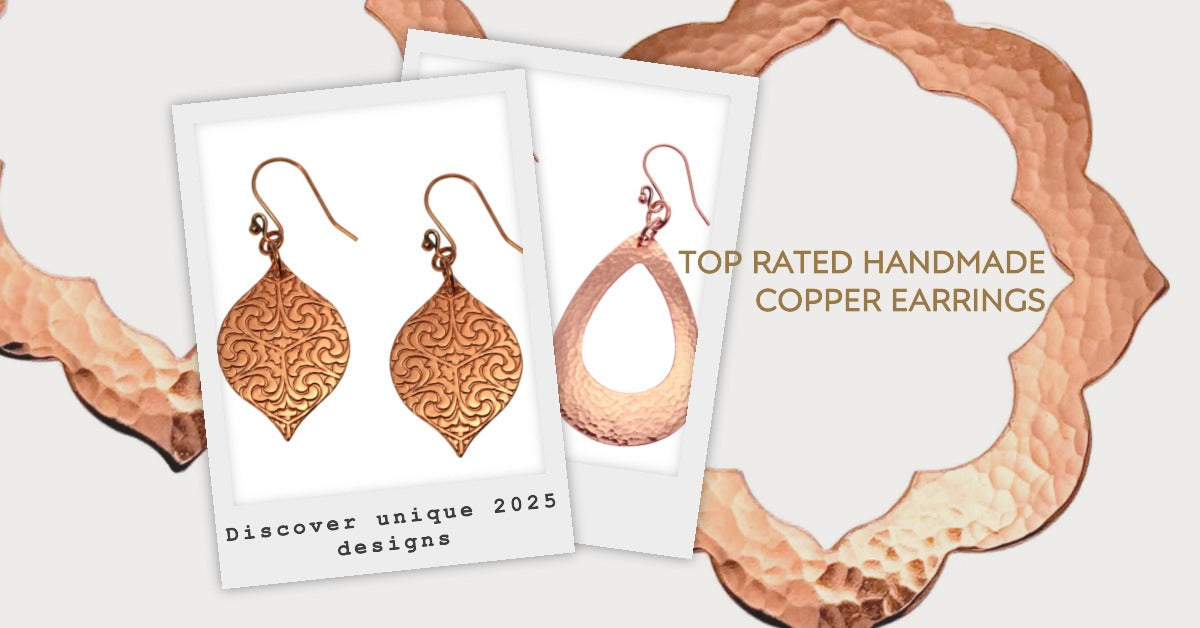 Three Copper Earring Designs, with text "Top Rated Handmade Copper Earrings"