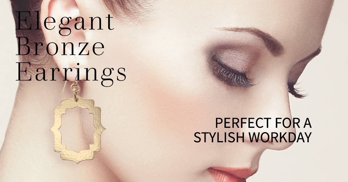 Woman Wearing Bronze Earrings, with text "Elegant Bronze Earrings - Perfect for a Stylish Workday""
