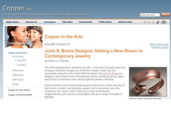 Copper.org features John S. Brana Handmade Copper Jewelry