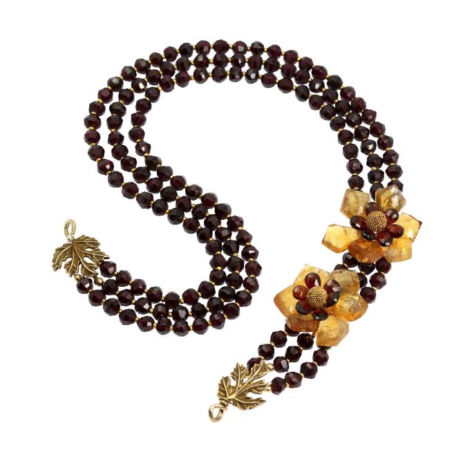  Faceted Garnets and Citrine Gold Vermeil Flower Necklace