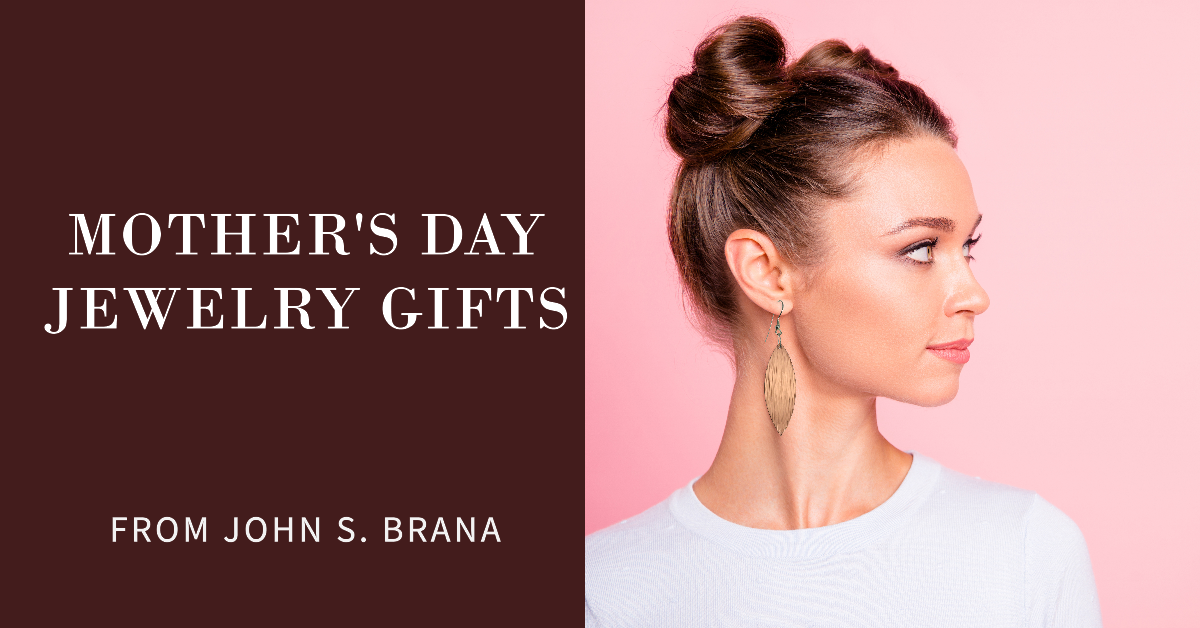 Female Model Wearing Copper Leaf Earrings, with text "Mother's Day Jewelry Gifts" from John S. Brana