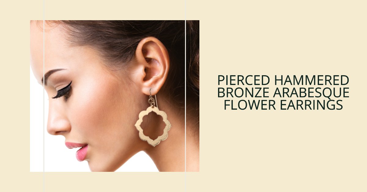 Image of a Female Model Wearing Pierced Hammered Bronze Arabesque Flower Earrings by Jewelry Designer John S. Brana