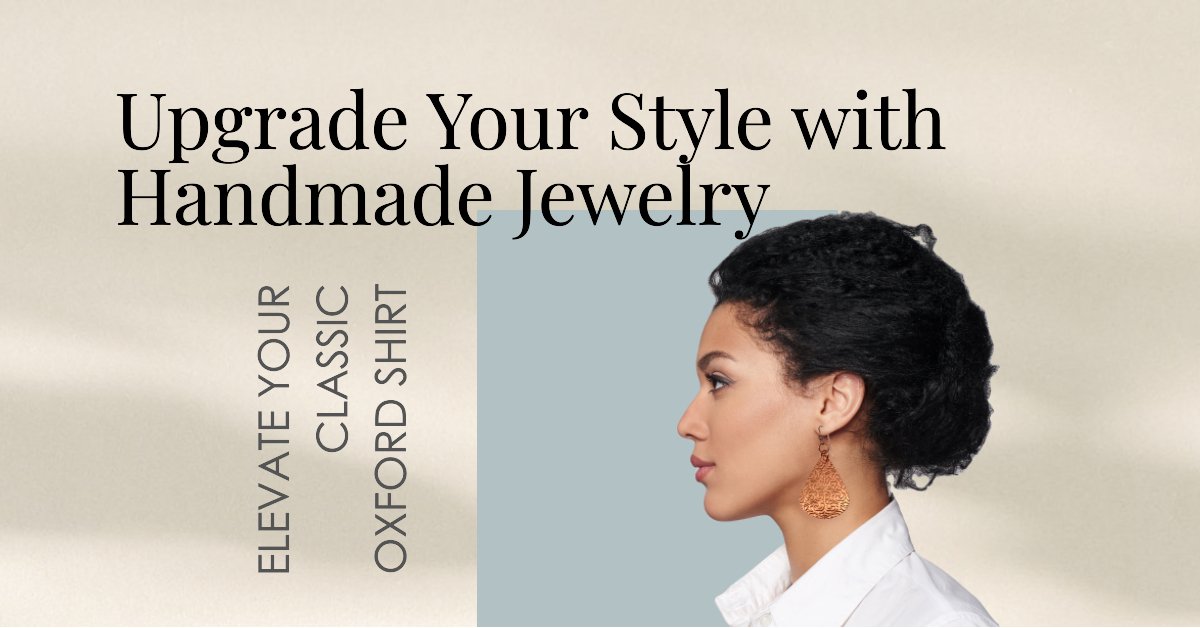 Revamp your classic white Oxford shirt with our curated selection of handmade jewelry.  Female model wearing Damask Embossed Copper Teardrop Earrings from John S Brana