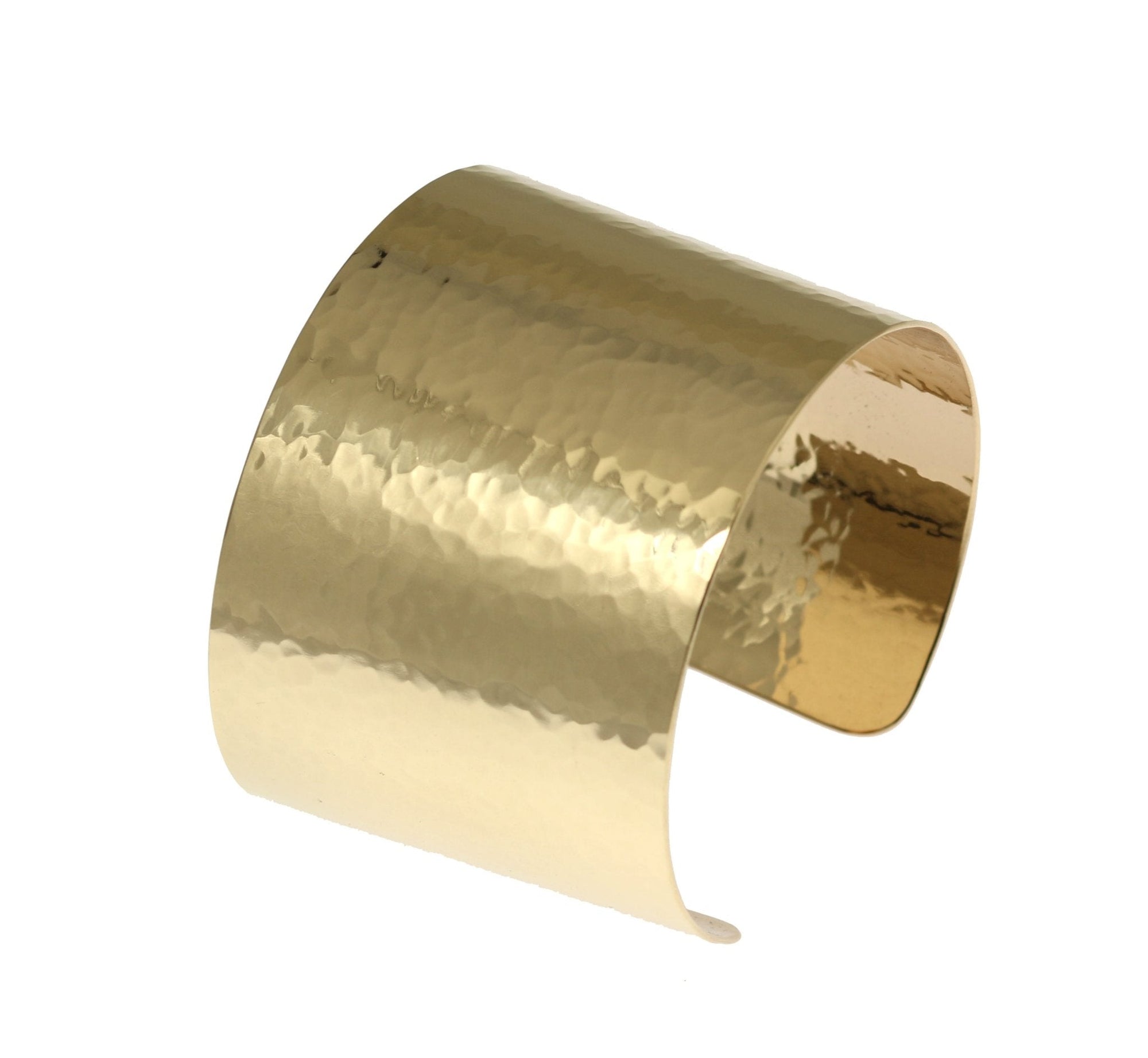 A 1 3/4 Inch Wide Hammered 14K Gold-filled Cuff Bracelet on White Background