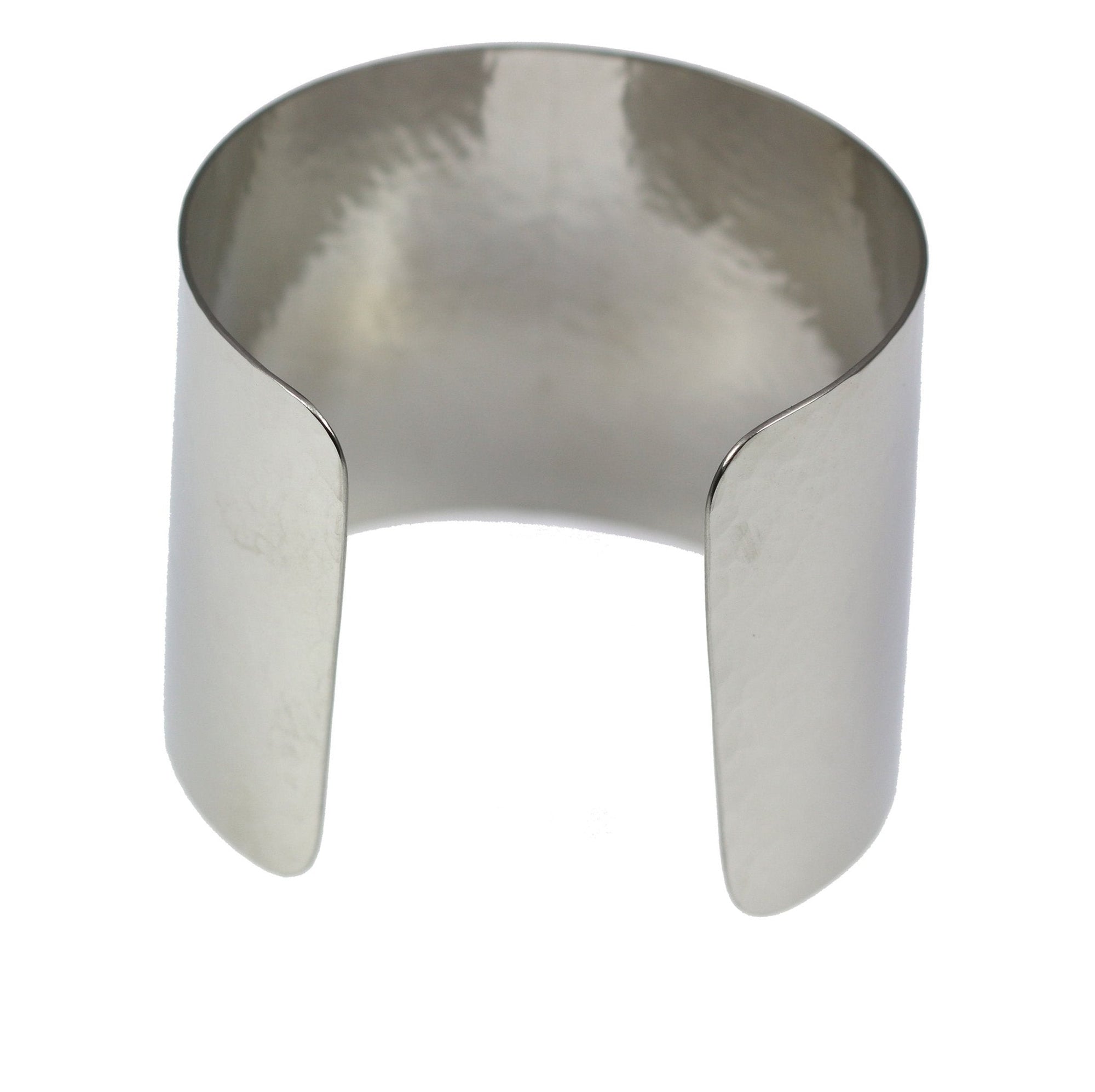 Wide Hammered Stainless Steel Cuff Bracelet Closeup View of Opening