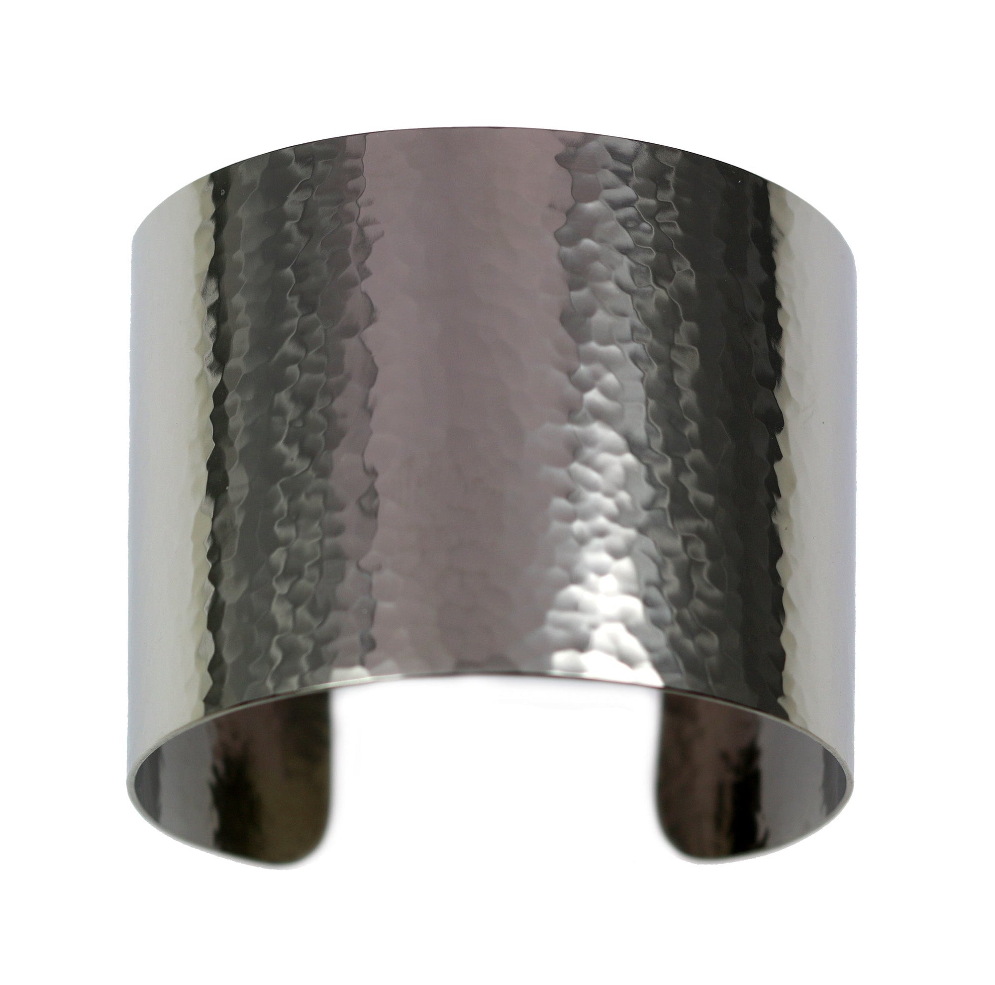 1 3/4 Inch Wide Hammered Stainless Steel Cuff Bracelet Hammering Detail on Top of Cuff
