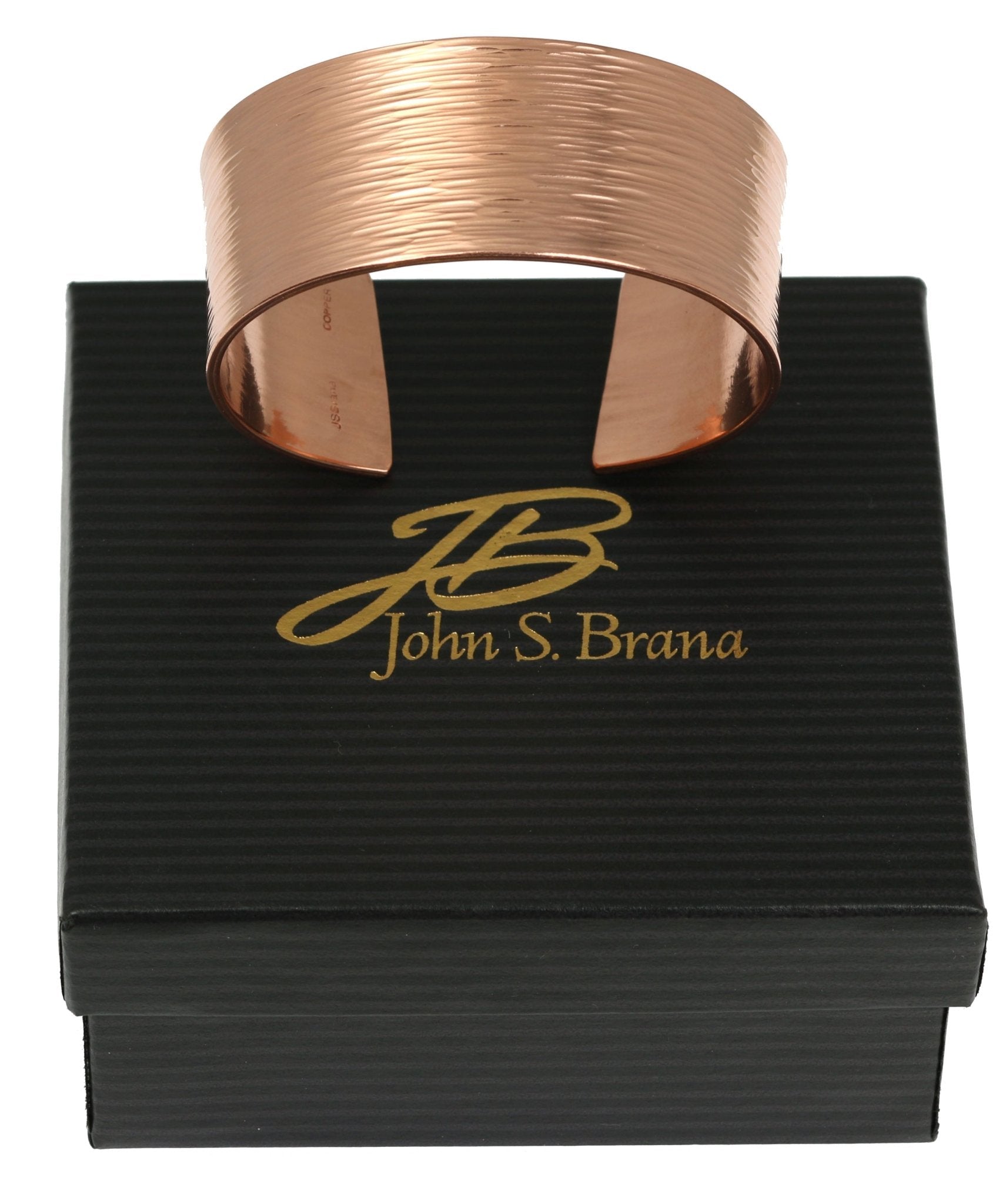 1 Inch Wide Bark Copper Cuff Bracelet on top of a Black Gift Box