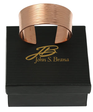 6 of 6: 1 Inch Wide Bark Copper Cuff Bracelet on top of a Black Gift Box