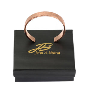 4 of 6: 10mm Wide Linen Copper Cuff Bracelet on Black Gift Box with Gold Logo
